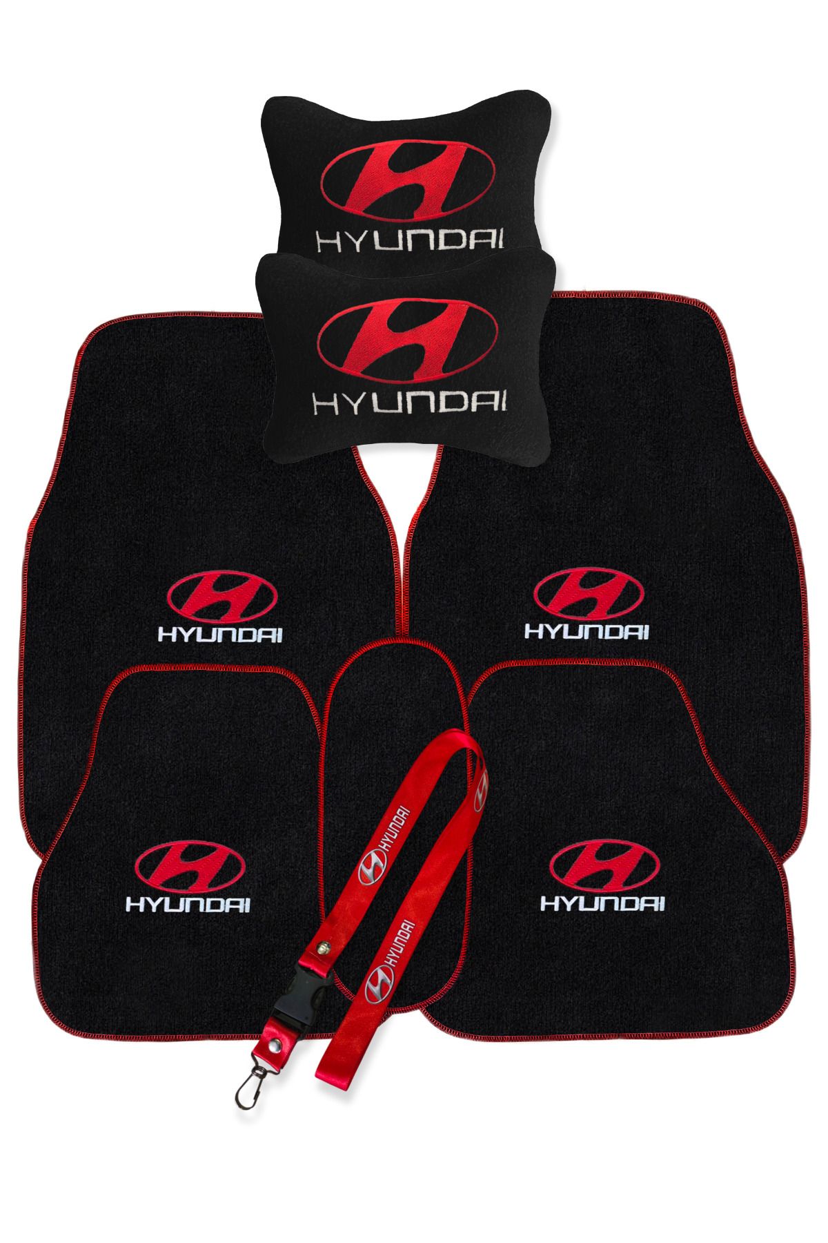 TUSBA MARKET Hyundai Nakış İşlemeli Siyah Oto Halı Paspas | Hyundai Araç Seyahat Oto Boyun Yastığı & Ayna Askısı