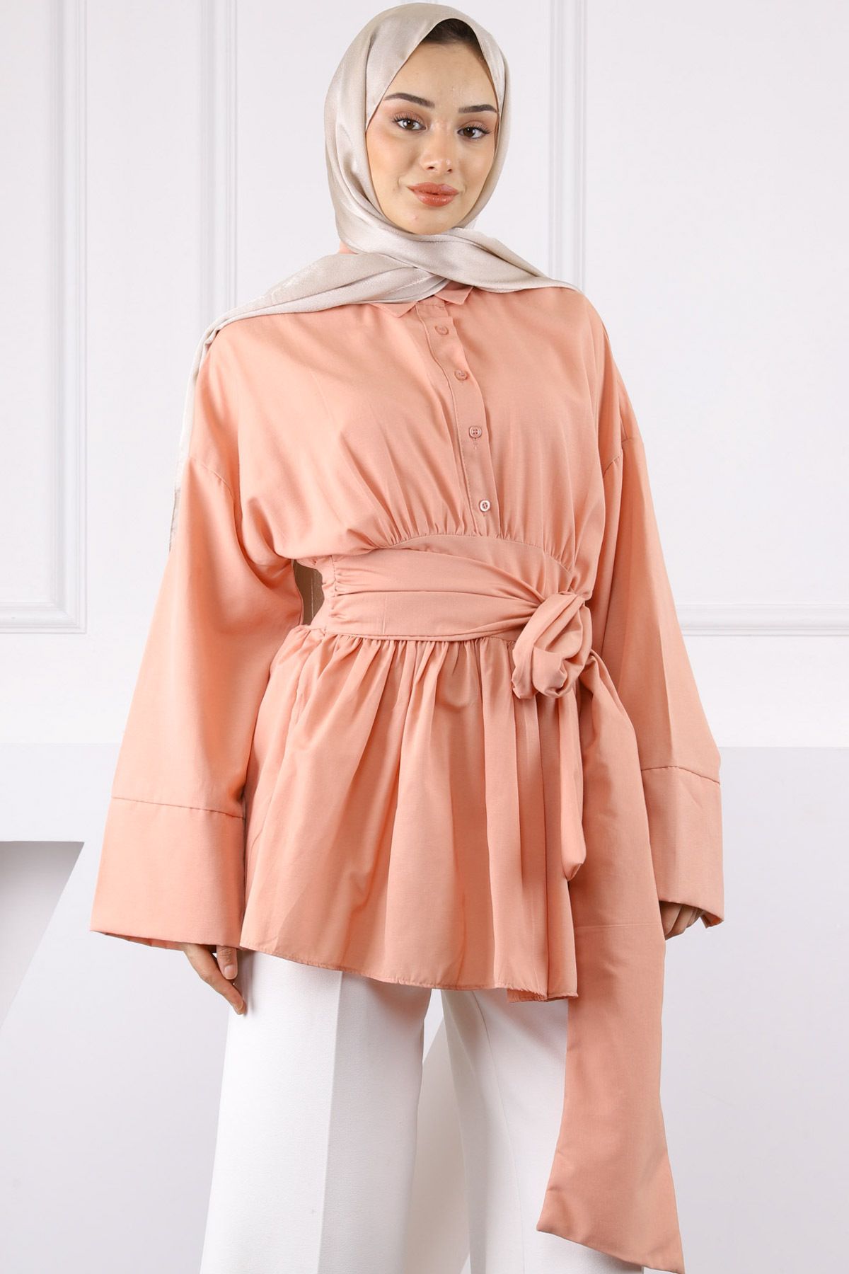 İmajButik Somon Bel Bağlamalı Tunik