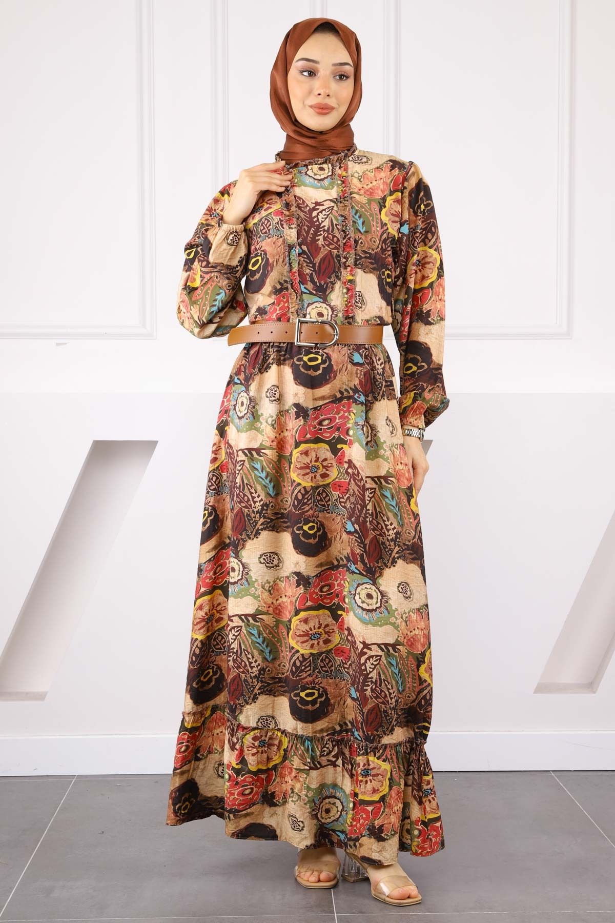 İmajButik Kahverengi Bel Kemerli Desenli Elbise