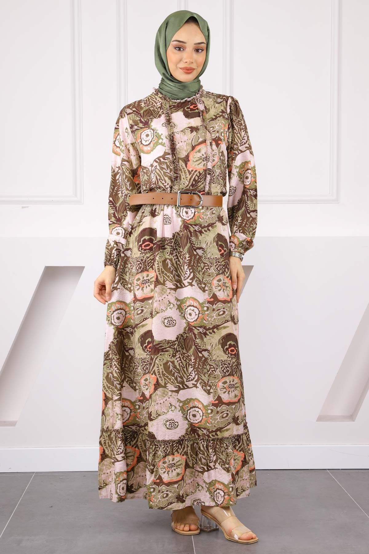İmajButik Haki Bel Kemerli Desenli Elbise