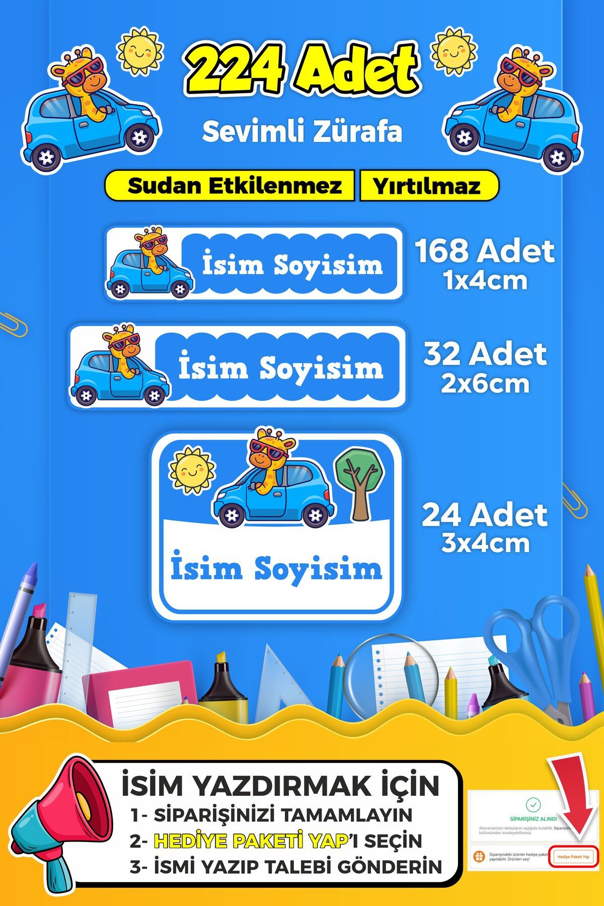 SB store Sevimli Yarışçı Temalı Okul Kreş Kişiye Özel İsim Etiket Seti - Model 275