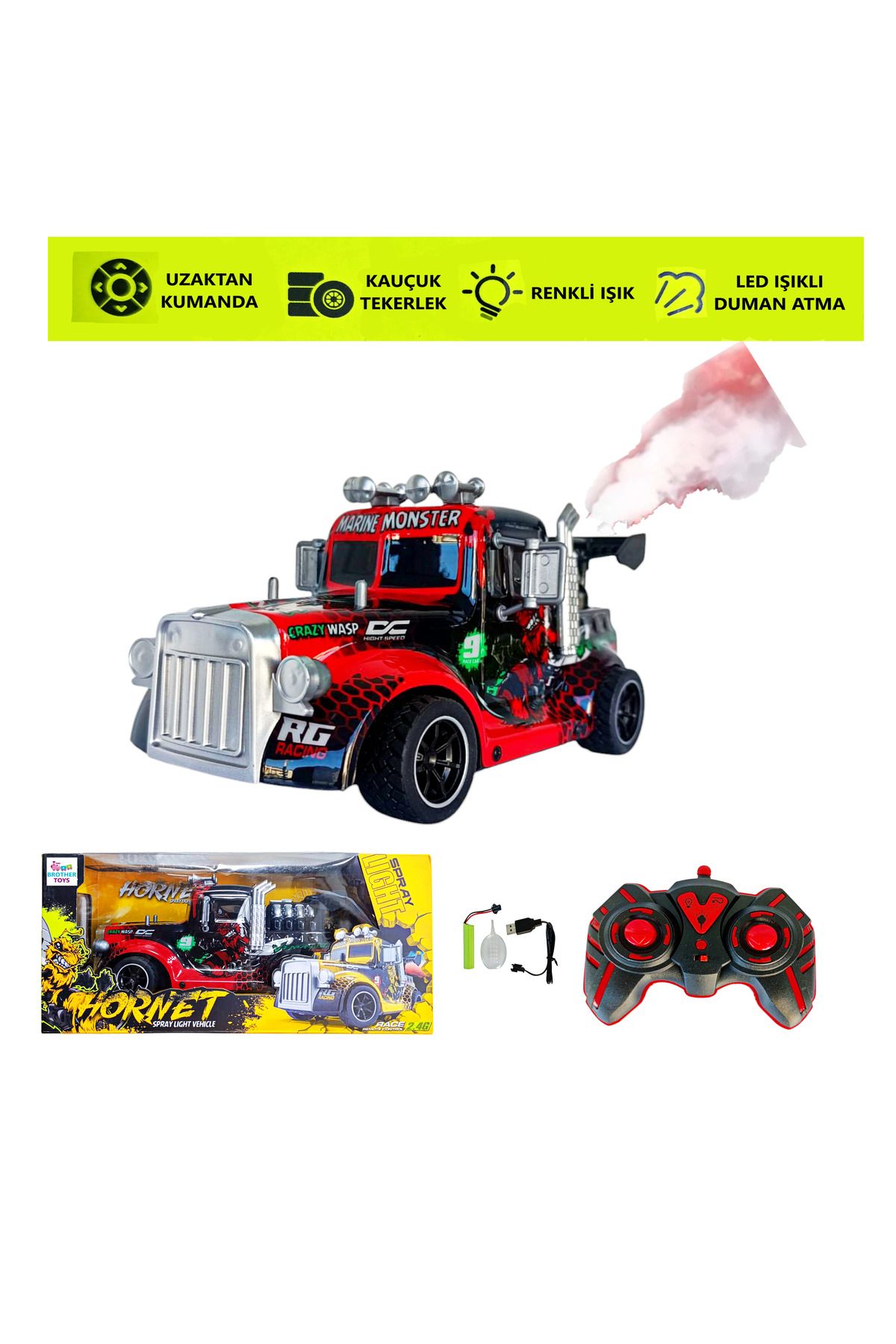 Brother Toys Duman Atan Uzaktan Kumandalı Şarjlı Full Fonksiyon Canavar Tır Renkli Buhar Püskürten 26 Cm.