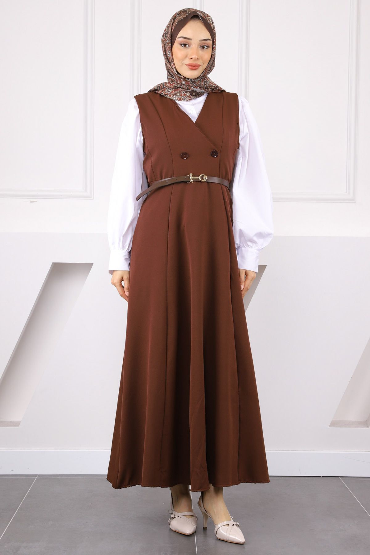 İmajButik Kahverengi Önü Düğmeli Kemerli Jile Elbise