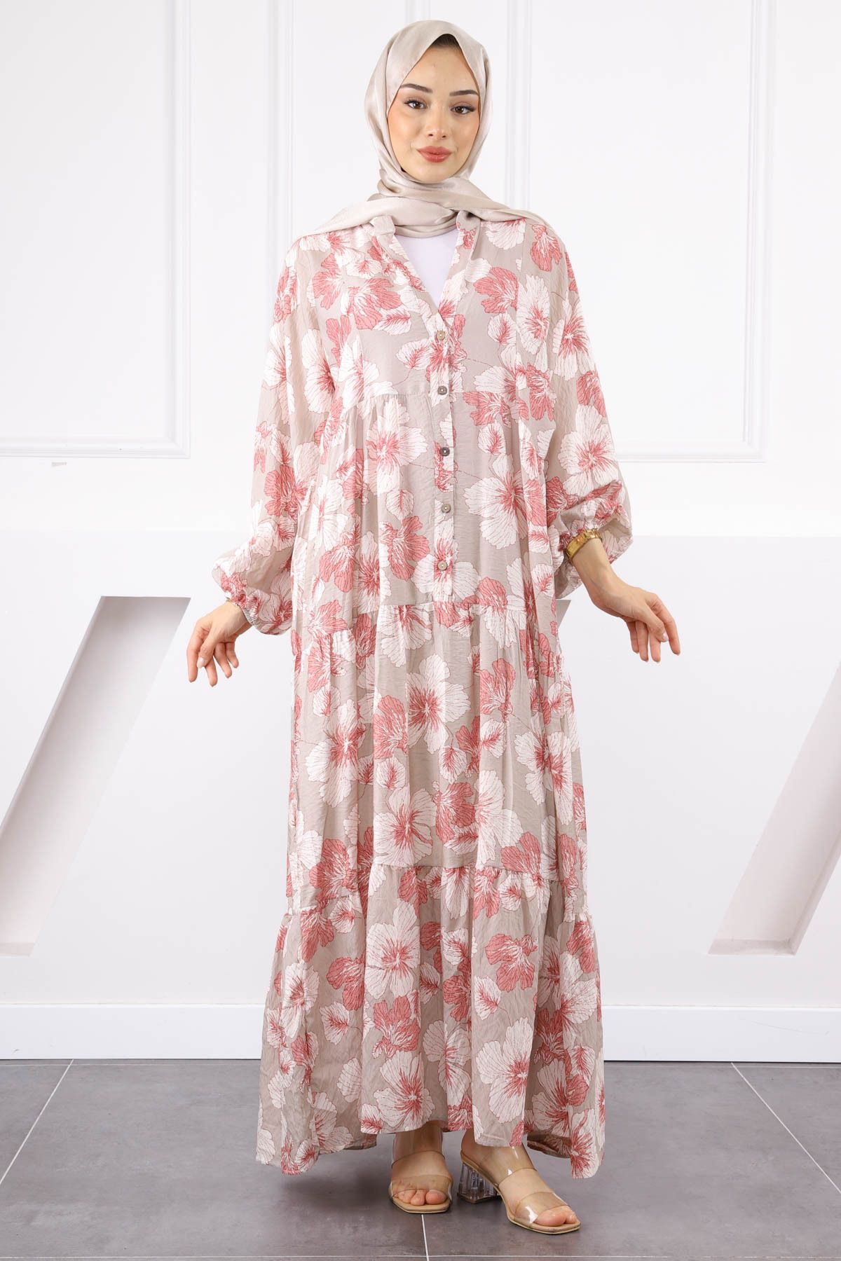 İmajButik Bordo Yarım Düğmeli Eteği Katlı Elbise
