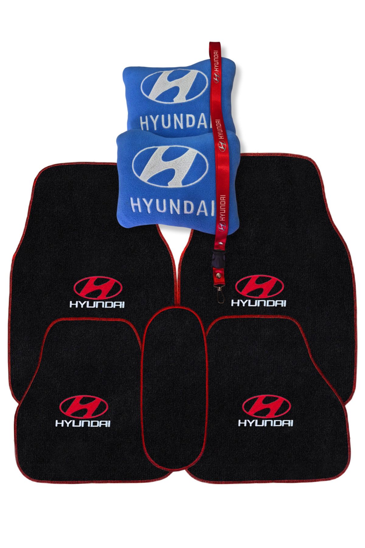 TUSBA MARKET Hyundai Nakış İşlemeli Siyah Oto Halı Paspas | Hyundai Araç Mavi Oto Boyun Yastığı & Oto Ayna Askısı