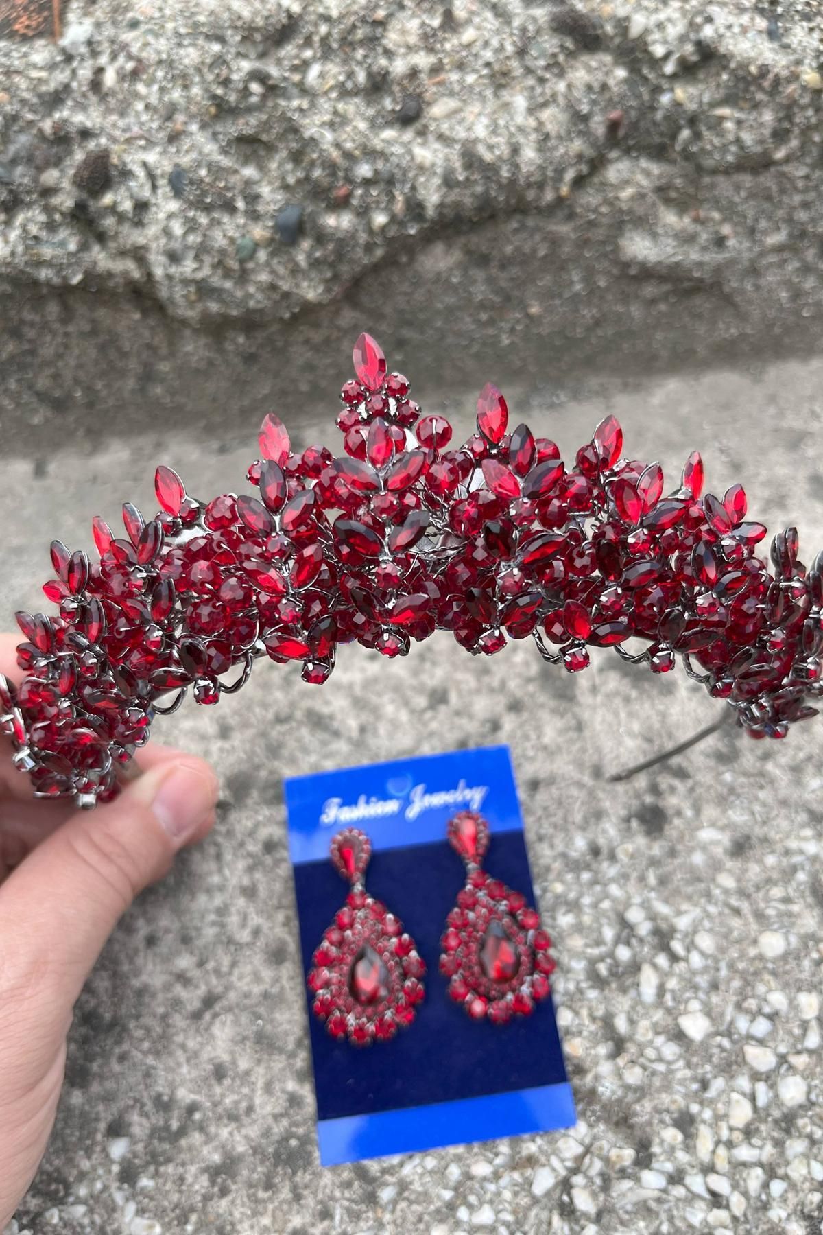 Hobigram Aldonsa Bordo Gelin Kına Tacı Özel Gün Aksesuar Kadın Taç Ve Damla Mekik Küpe Takımı