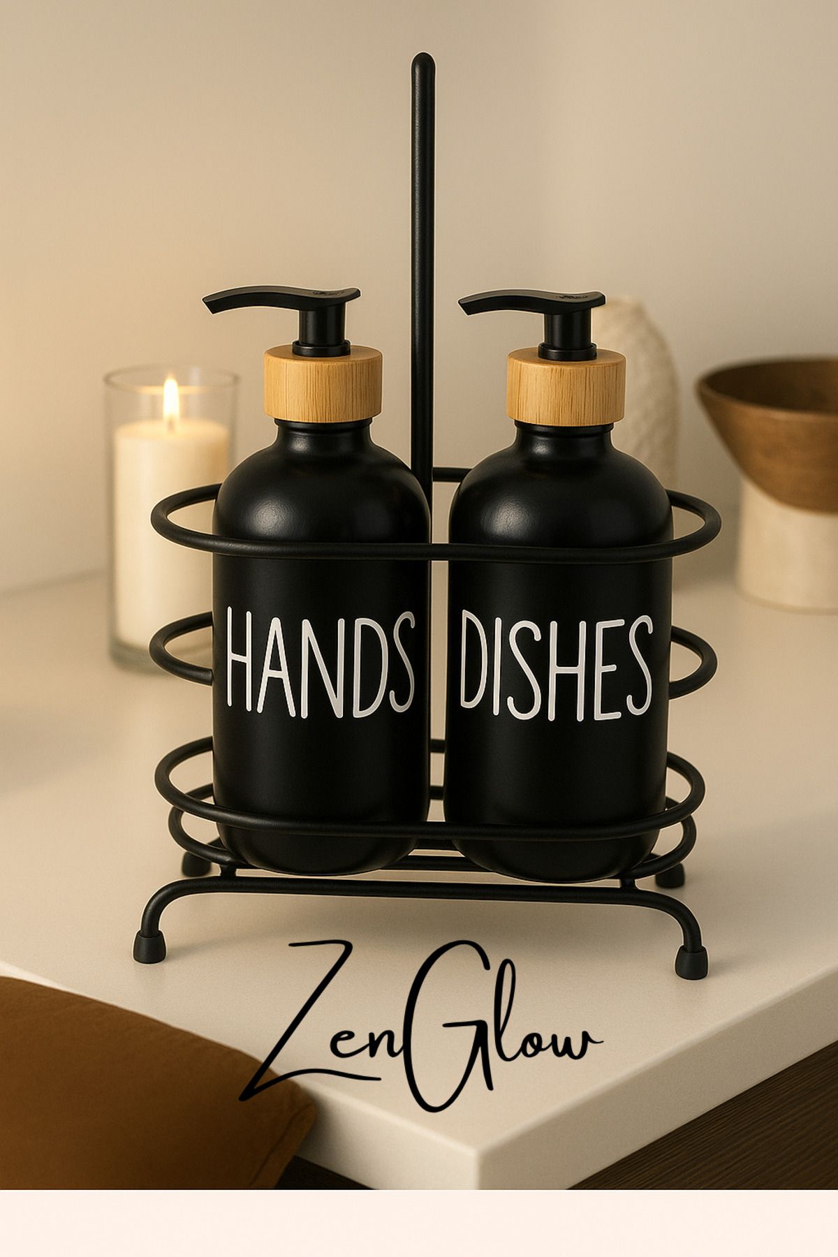 ZenGlow 2 li Siyah Banyo-Mutfak Sıvı Sabunluk Seti 500ml Demir Standlı SET Dekoratif