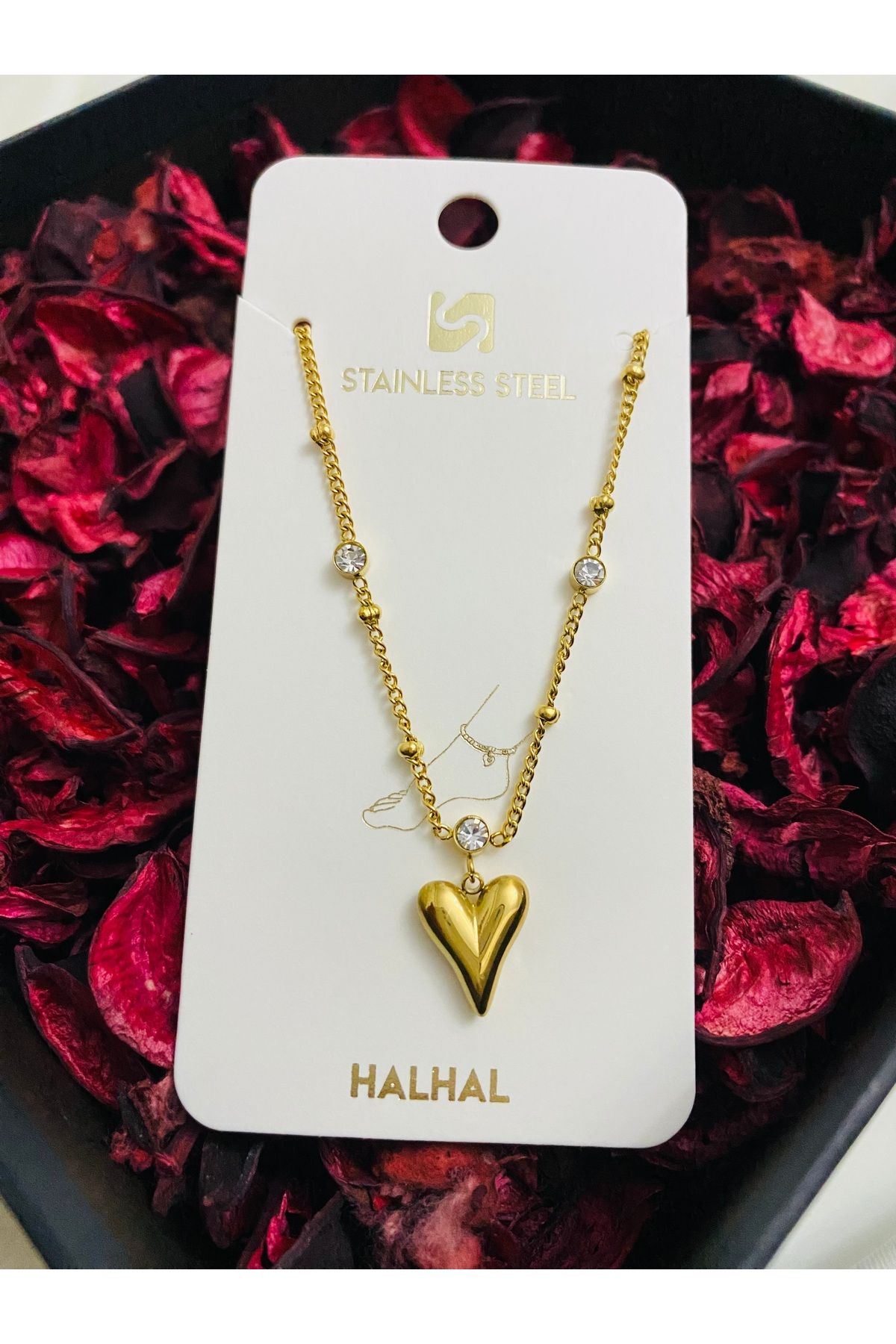 asem jewelry KALP UÇLU VE ZİRKON TAŞLI GOLD RENK ÇELİK HALHAL