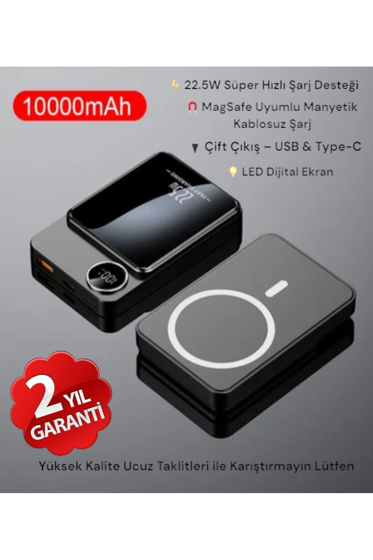 Kılıforyum 10000 mAh MagSafe Uyumlu Powerbank | 22.5W Hızlı Şarj | Dijital Göstergeli | Type-C & USB Çıkışlı
