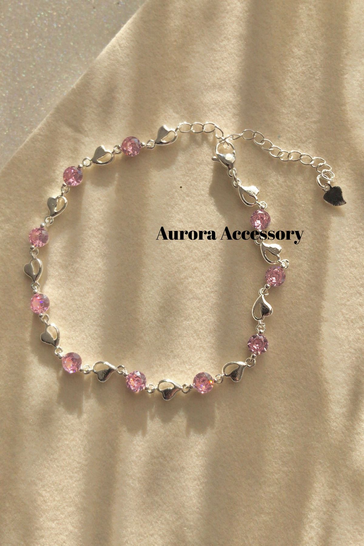 AurorAccessory Yuvarlak Pembe Zirkon Taşlı Işıltılı Kalpli Bileklik 17+3 cm