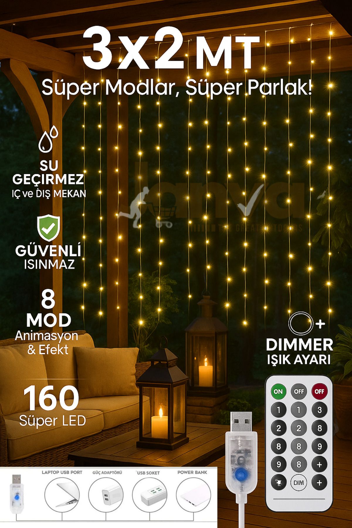 Janva Usb Perde Peri Led Kumandali Dekoratif Su Geçirmez Sarı 3x2 Metre