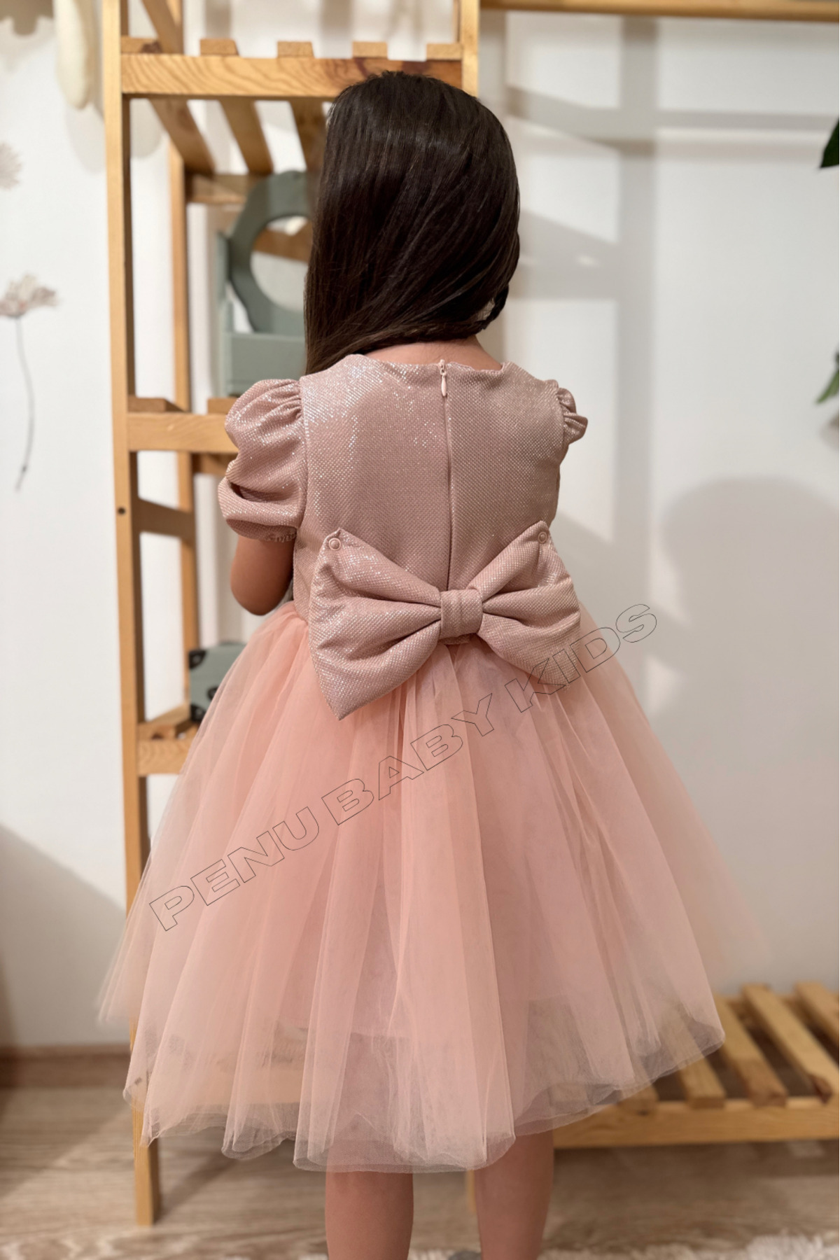 penu baby kids Pudra Kısa Balon Kumaş Kol Detaylı Altı Tütülü Kız Bebek Elbise fotoğrafı 6 (önizleme)