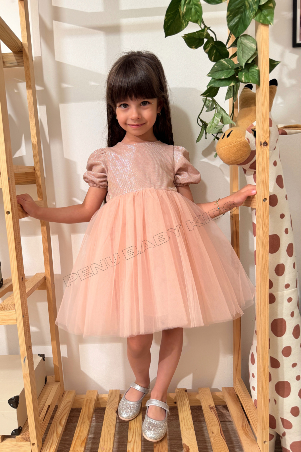 penu baby kids Pudra Kısa Balon Kumaş Kol Detaylı Altı Tütülü Kız Bebek Elbise fotoğrafı 2 (önizleme)