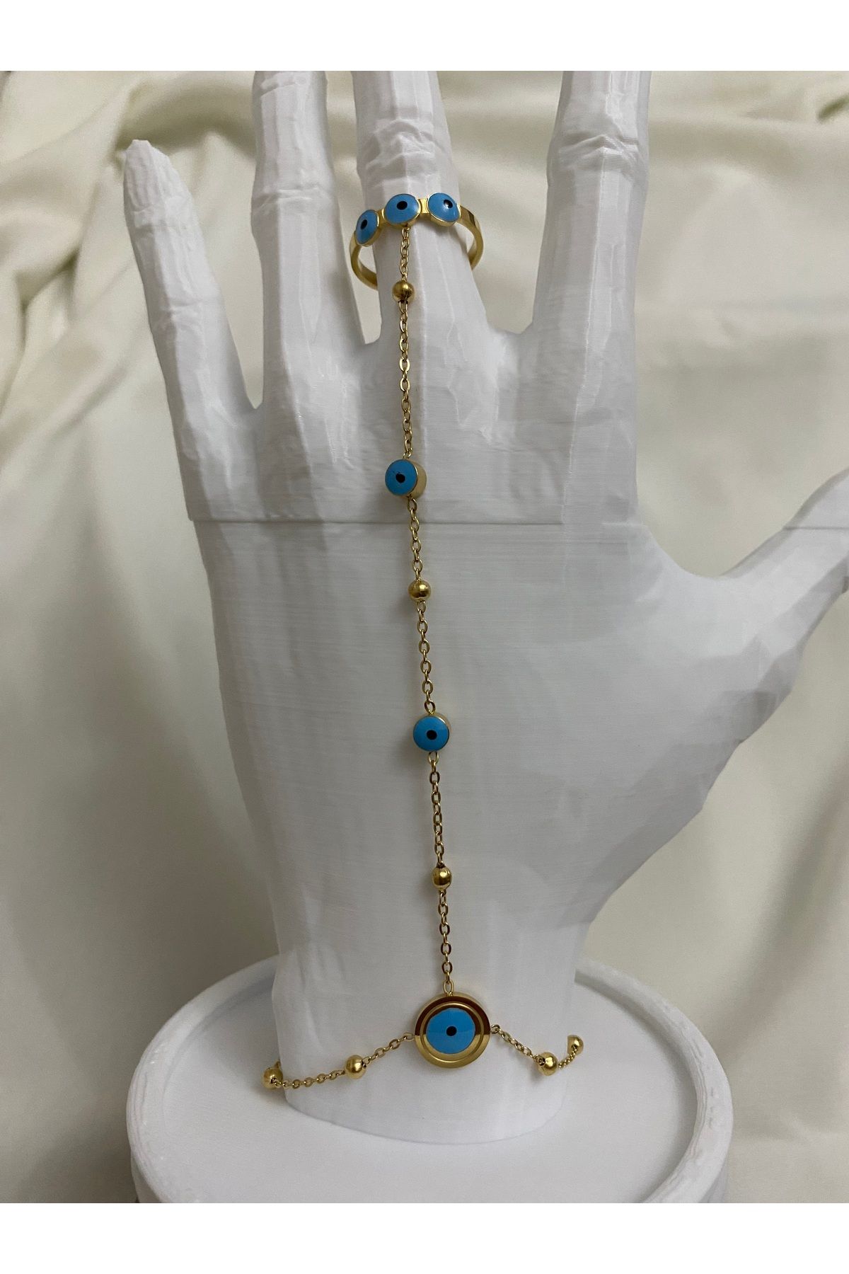 asem jewelry NAZAR BONCUKLU YÜZÜKLÜ GOLD RENK ÇELİK ŞAHMERAN