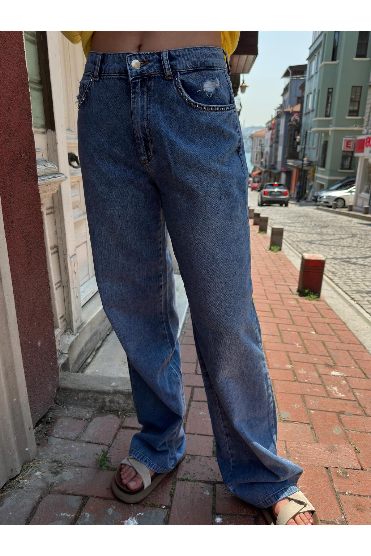 Bemore34 GENİŞ PAÇA YÜKSEK BEL CEP DETAYLI İNCE KUMAŞ JEAN PANTOLON
