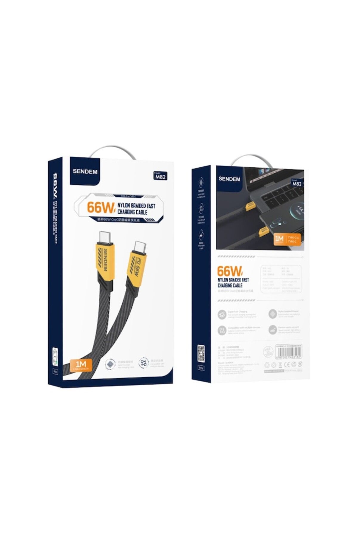 SENDEM-Cablu de date și încărcare rapidă, TIP C/TIP C 5A, M83A USB/MICRO USB 66W, Galben 3