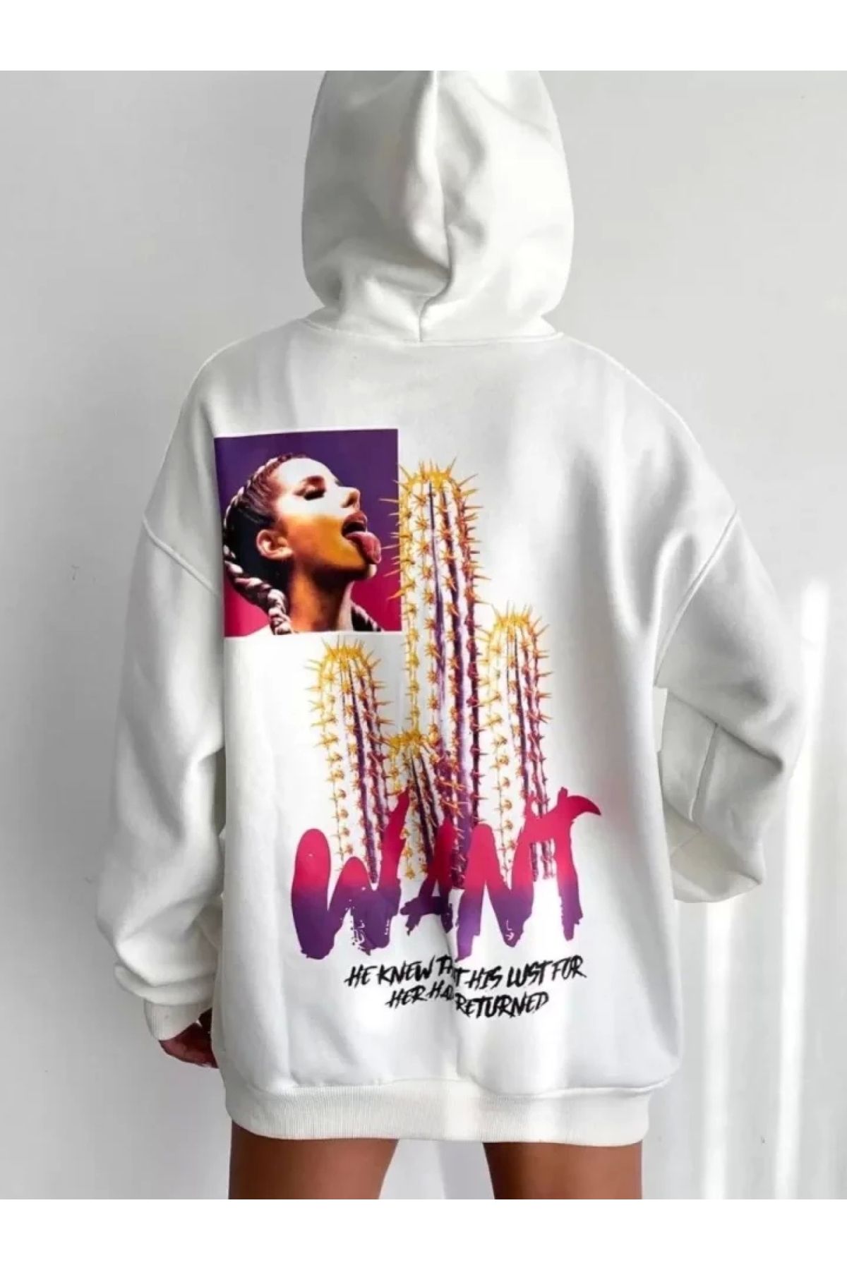 POLEXP Oversize Beyaz Kapüşonlu Sweatshirt