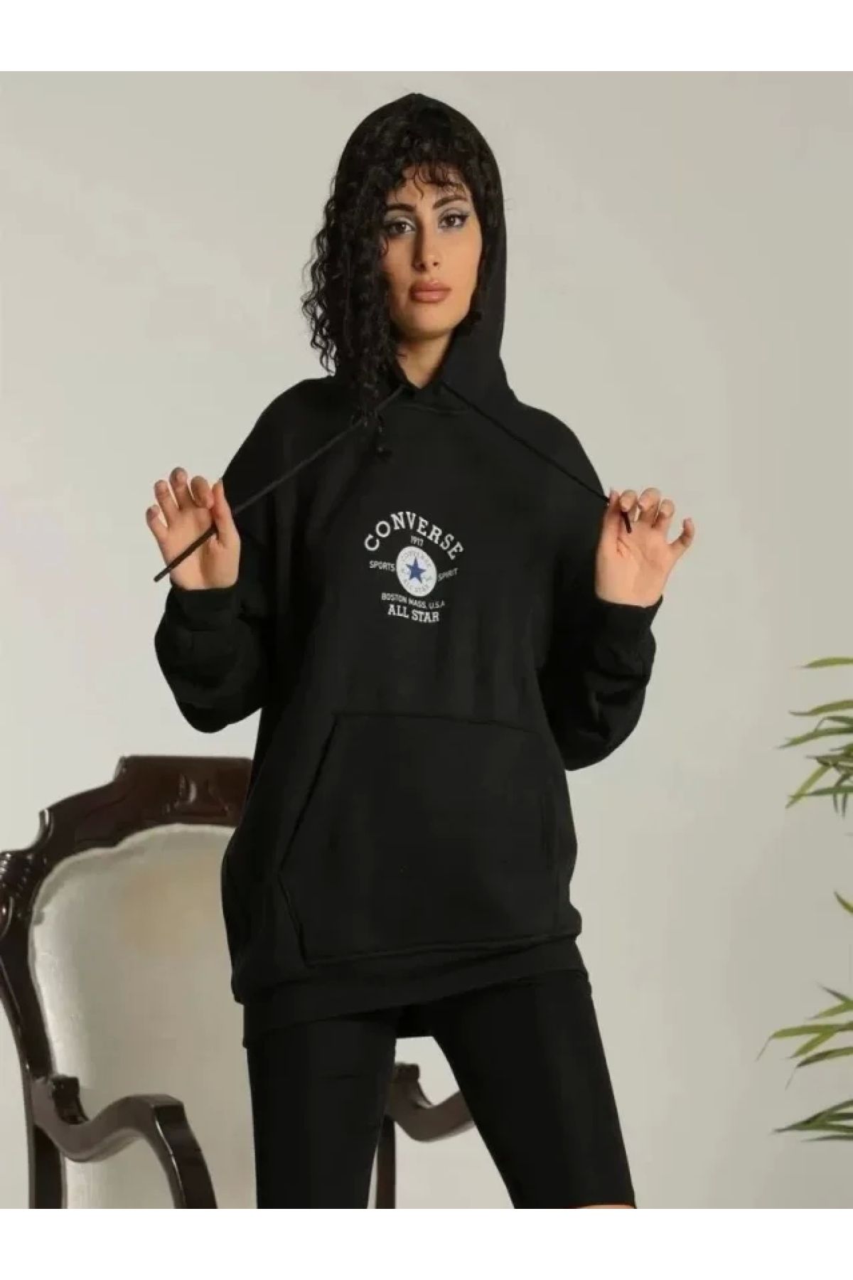 POLEXP Oversize Kapüşonlu Baskılı Sweatshirt - Siyah