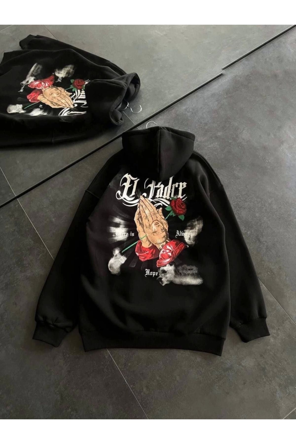 POLEXP Uzun Kol Kapşonlu Baskılı Siyah Sweatshirt