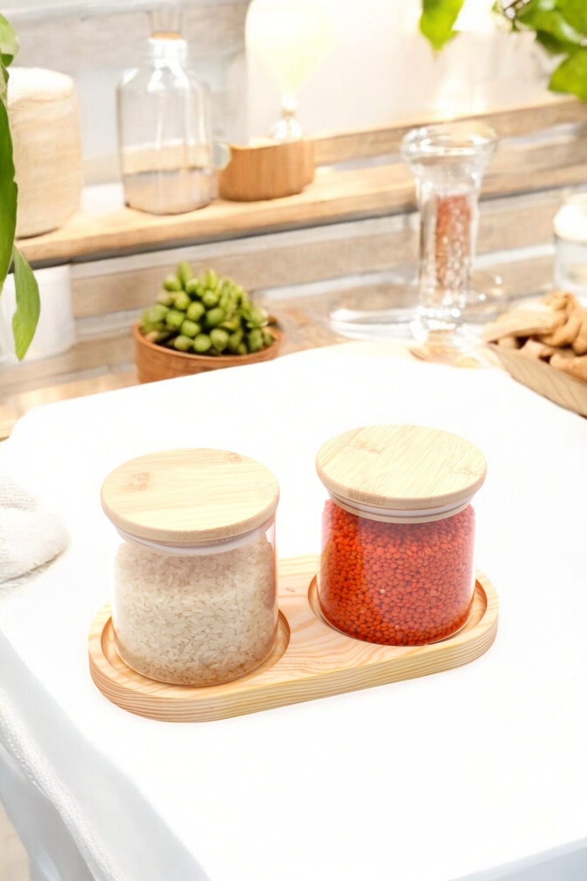 LUMİNA 2 li Bambu Baharatlık Seti - 2 Adet Cam Bambu Kapaklı Baharatlık 500 ml - 1 Adet Bambu Altlık