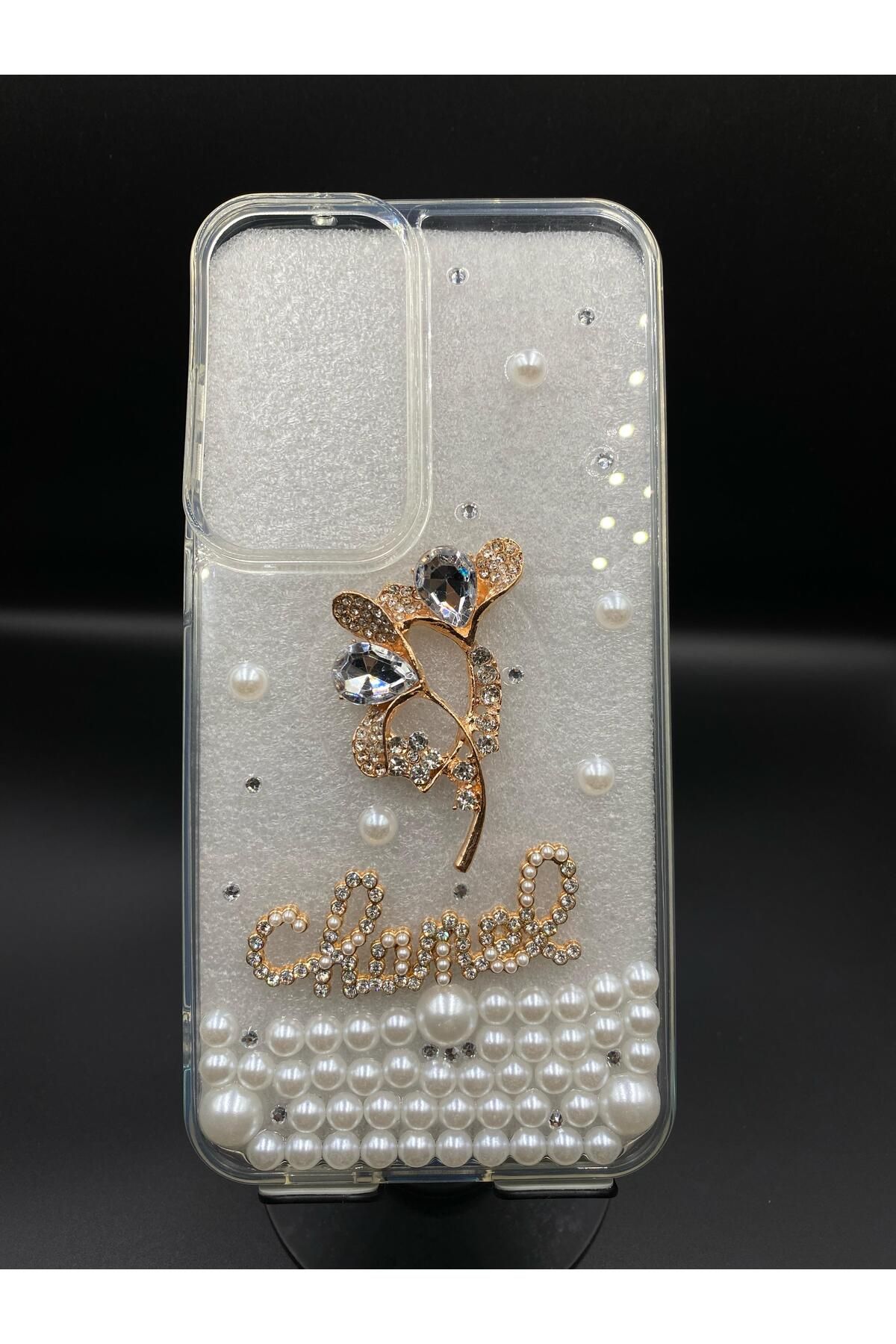 BotCase Iphone 15 PRO MAX Uyumlu Kadınlara Özel Işıltılı Şeffaf Şık ve Zarif Gold Taşlı İnci Detaylı Kılıf