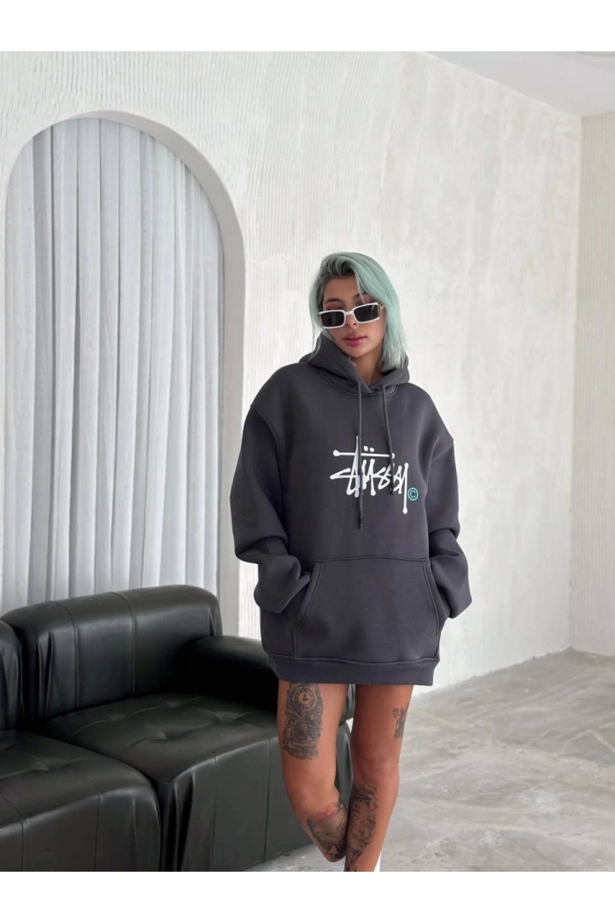 POLEXP Trendy Kapşonlu Sweatshirt - Füme