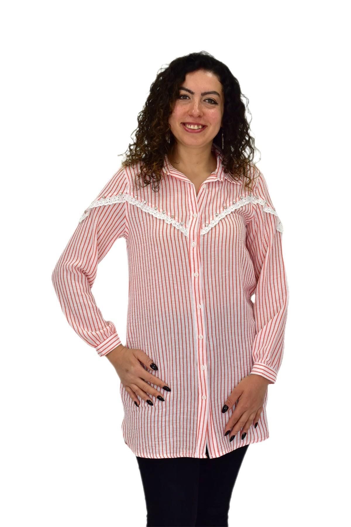 HİSSET Kadın Çizğili Keten Gömlek BGL-ST03706