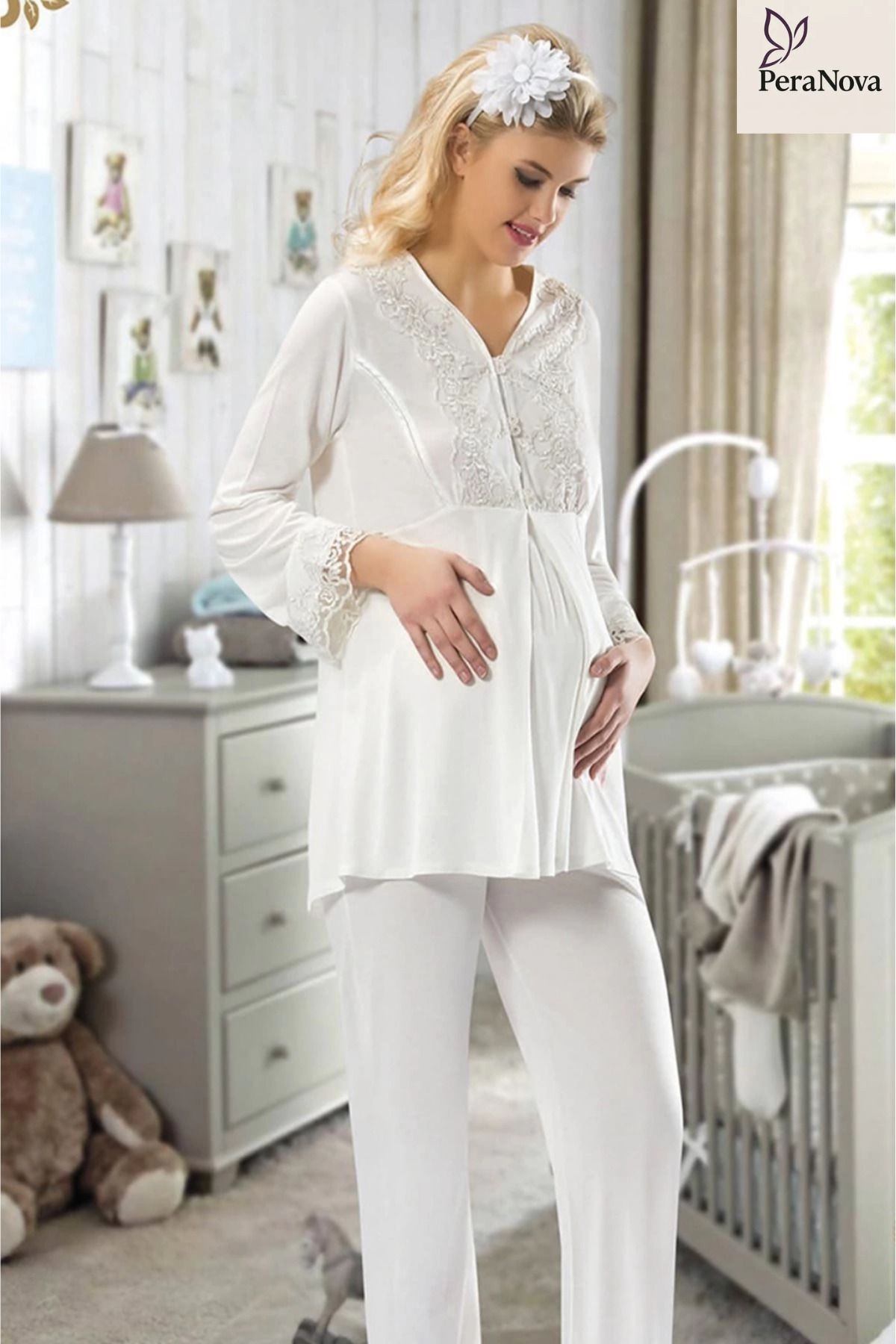 PeraNova Premium Zarif Rahat Günlük Kullanım Doğum Sonrası Ekru Hamile Lohusa Pijama Takımı