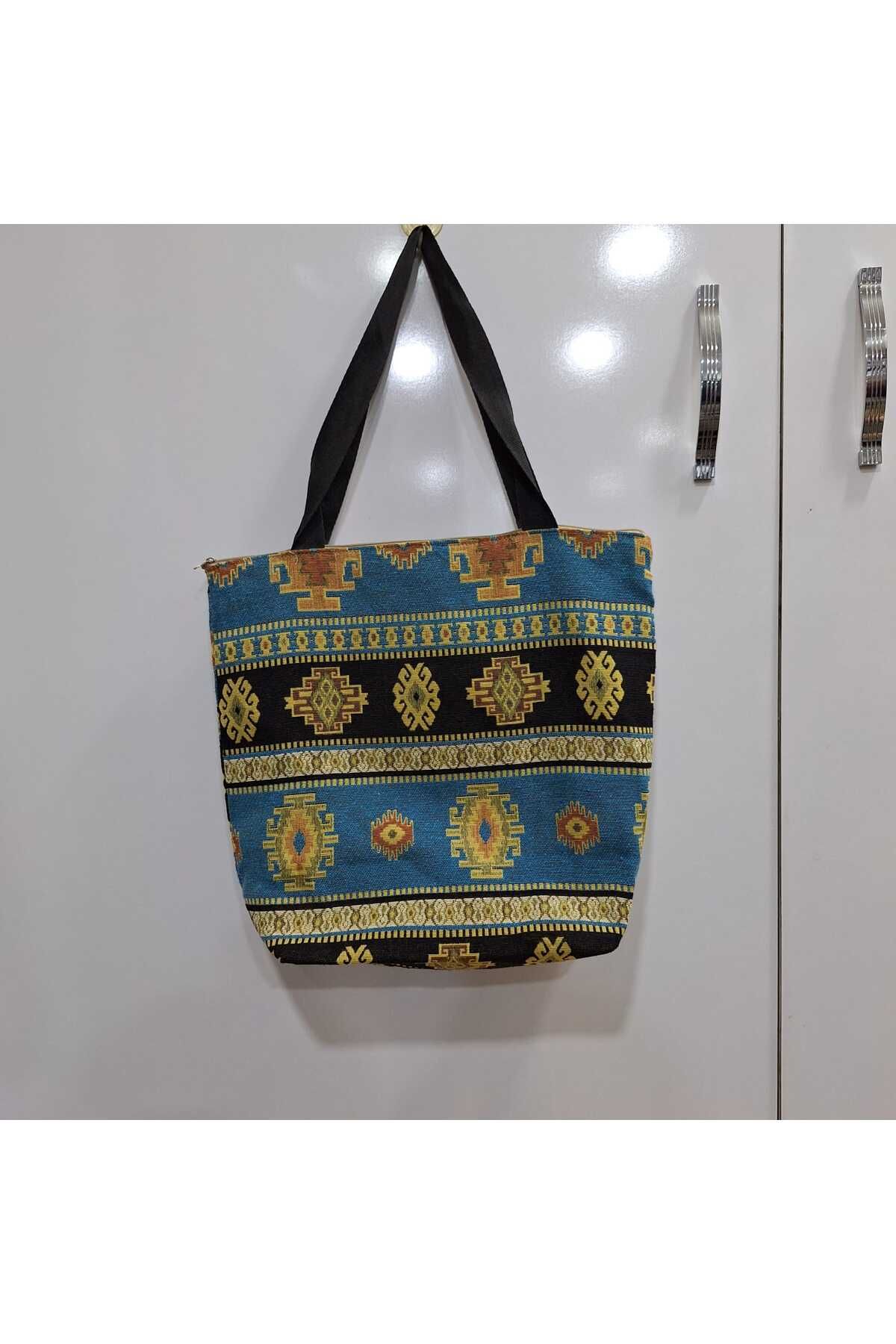 NUR TEKSTİL kadın mavi etnik -otantik omuz plaj omuz ağzı fermuarlı çantası uzunluk 40-en 45 cm,