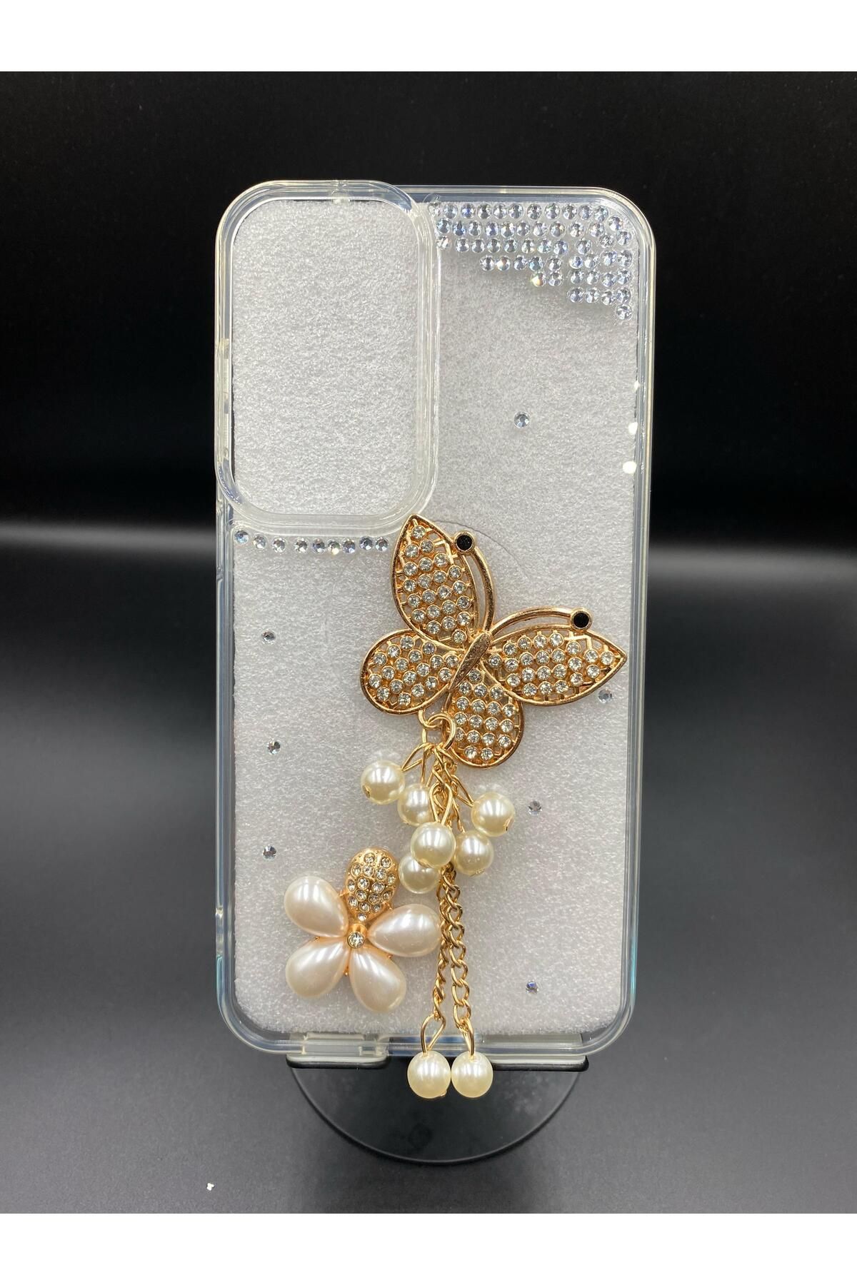 BotCase Iphone 15 PRO MAX Uyumlu Kadınlara Özel Işıltılı Şeffaf Şık ve Zarif Gold Taşlı İnci Detaylı Kılıf