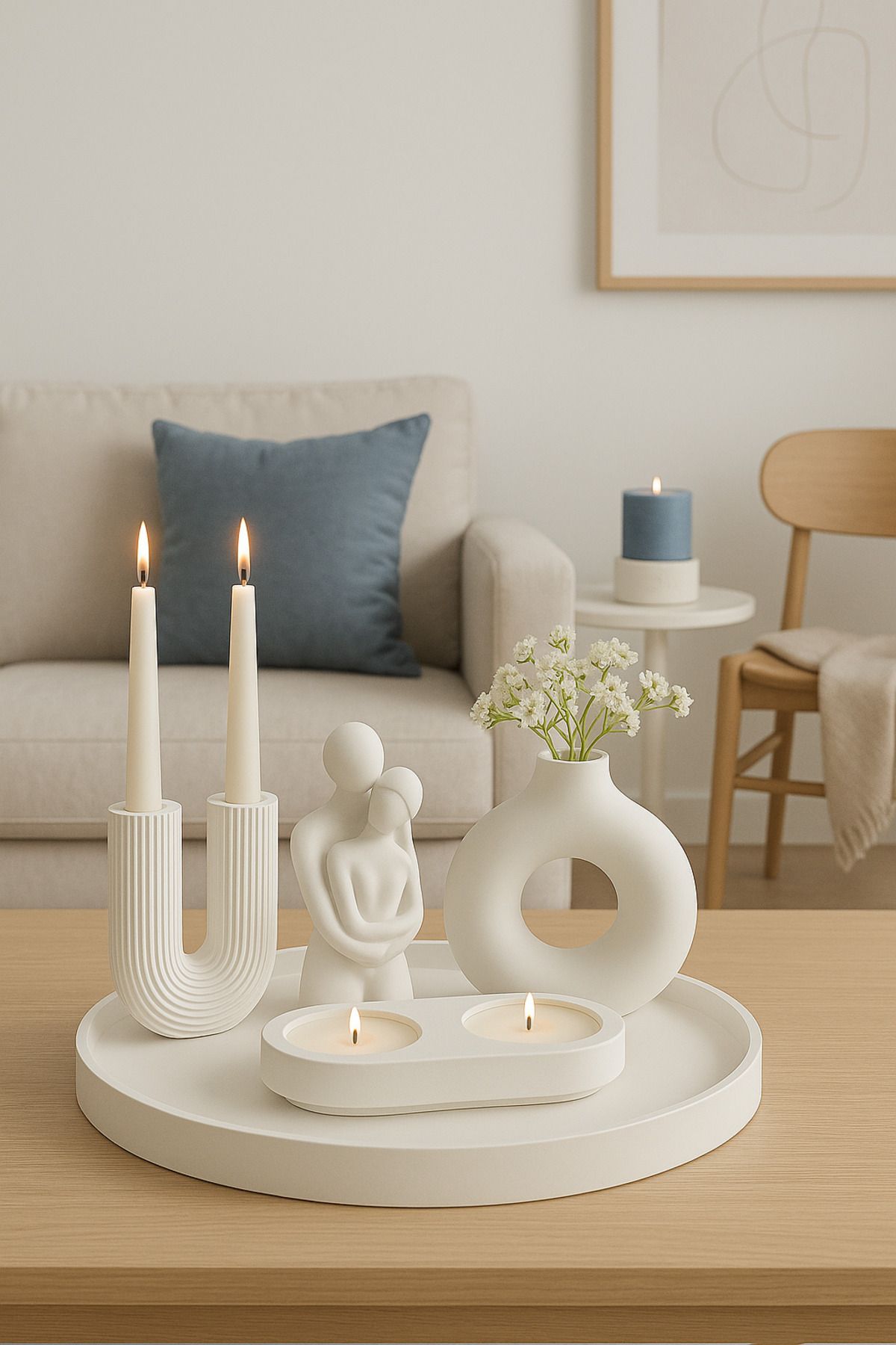 Arteliss Bohem İskandinav Tarz Tepsi Üzeri 5’lİ Set | Minimal Tealight, Şamdan, İskandinav Vazo, Obje