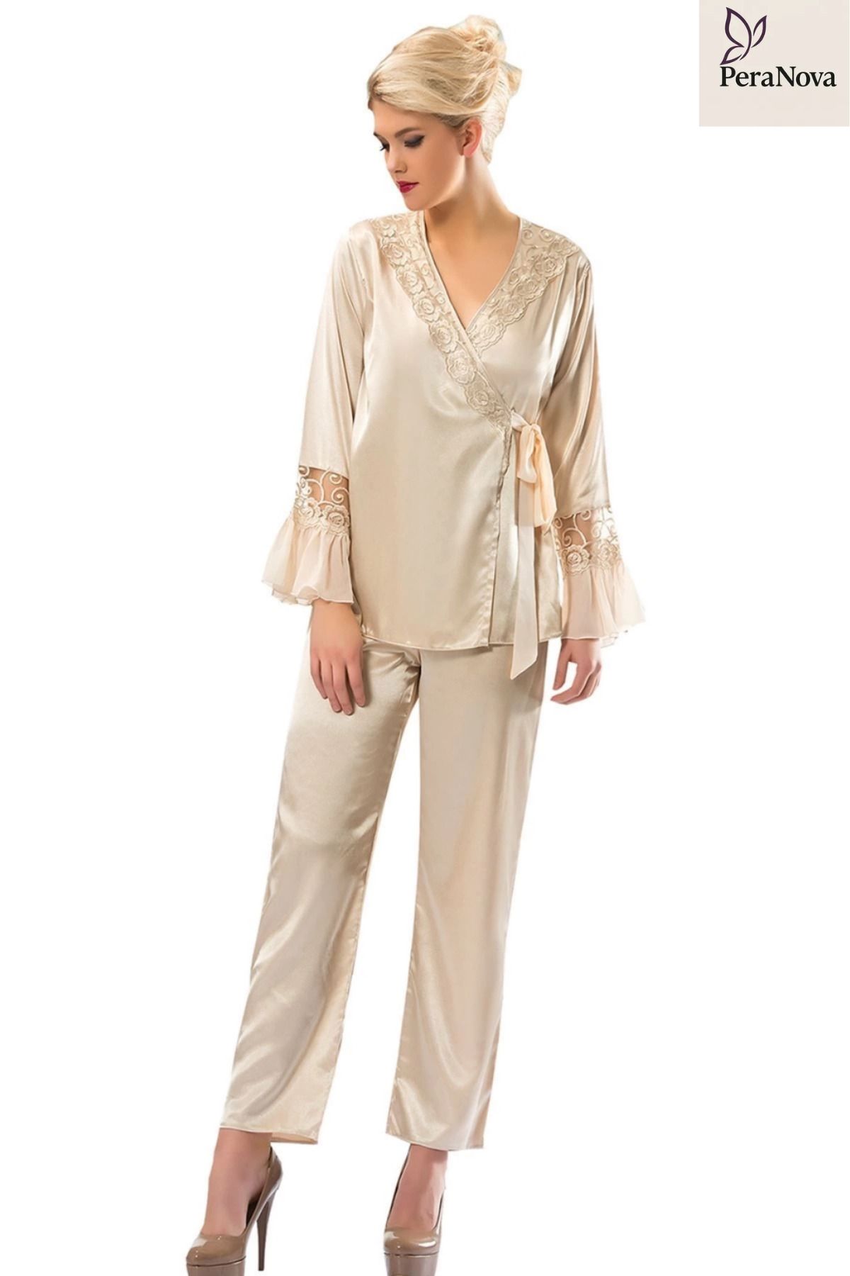 PeraNova Premium Rahat Çeyizlik Kadın Büyüleyici Şık Zarif Krem Saten Pijama Takımı