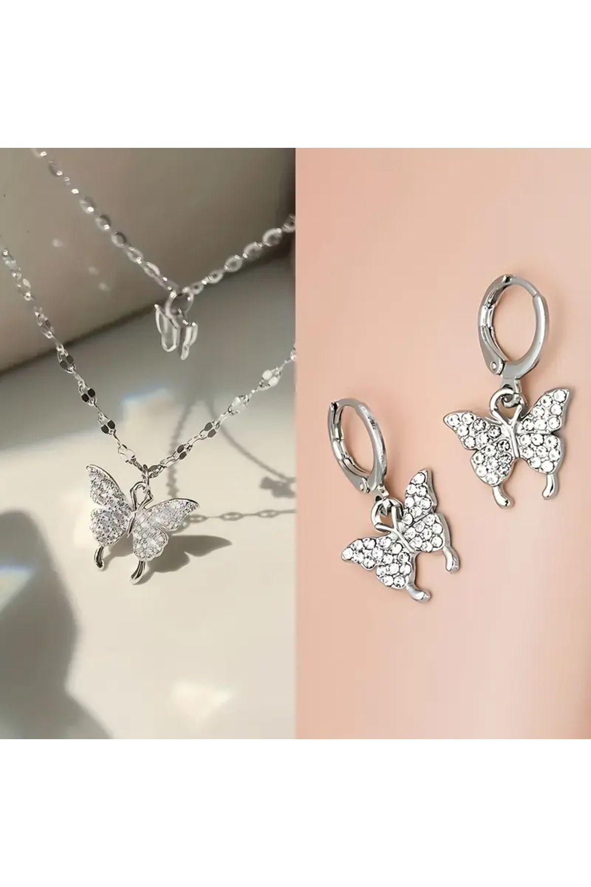 FASHİON JEWELRY Kelebek Montürlü 2li Kolye ve Küpe Silver Bujiteri Takımı