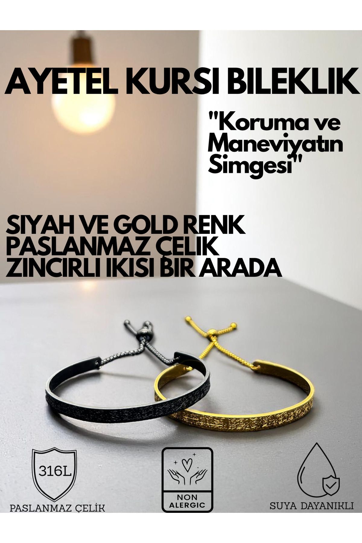 KT AKSESUAR Ayetel Kürsi Yazılı Zincirli Bileklik Paslanmaz Çelik Ayarlanabilir Unisex Bileklik Çift Bilekliği