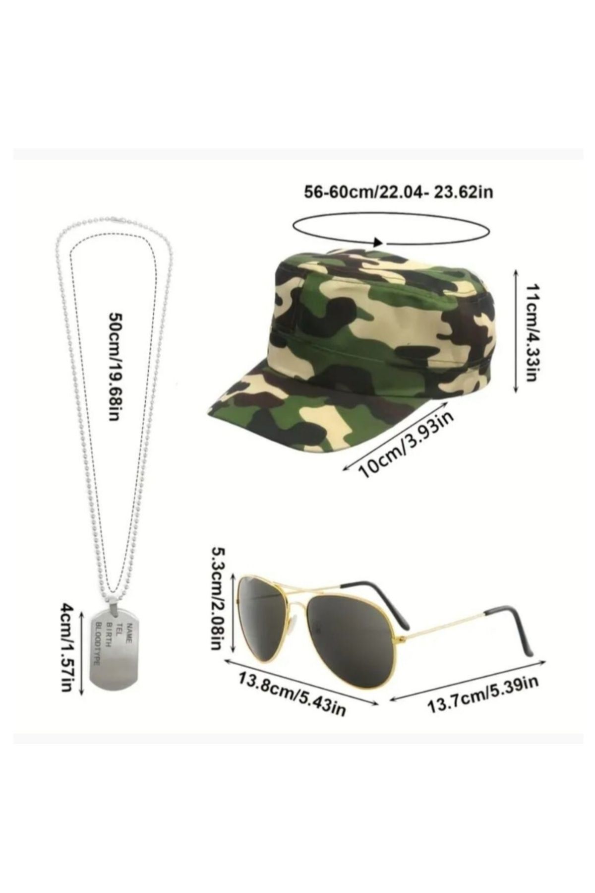 kho military design 3 Parça Askeri Cosplay Seti Unisex (Şapka-Gözlük-Künye)