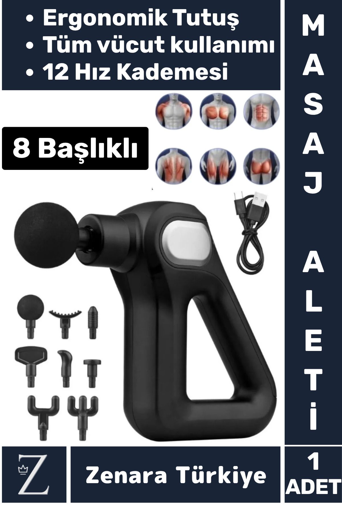 Zenara Ergonomik Kol Bacak Sırt Bel Yüksek Titreşim 12 Hız Kademeli Spor Fitness Kas 8 Başlıklı Masaj Aleti