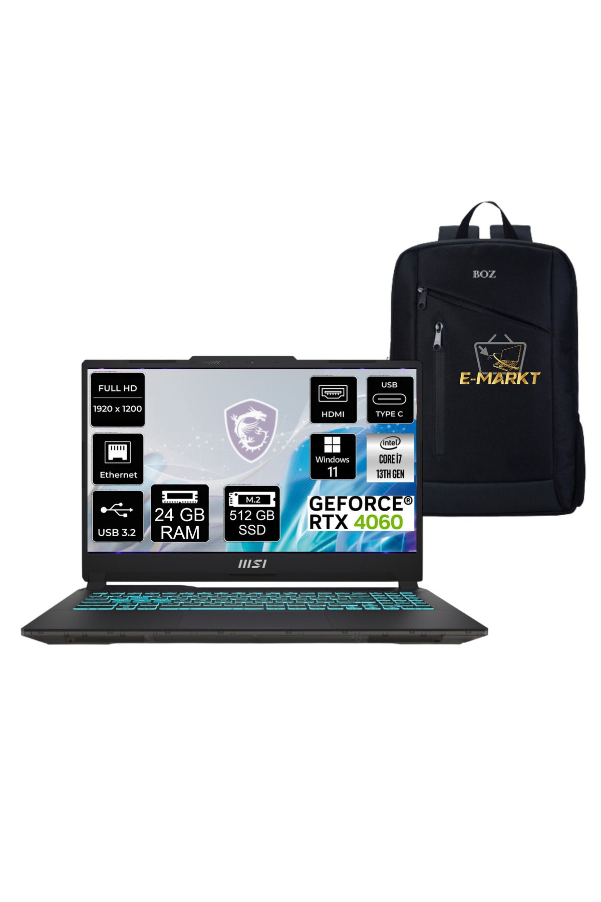 MSI CYBORG 15 A13VF-892XTR IntelCore i7 13620H 24GB 512GB SSD RTX4060 WIN11PRO15.6 144Hz+Boz Çanta