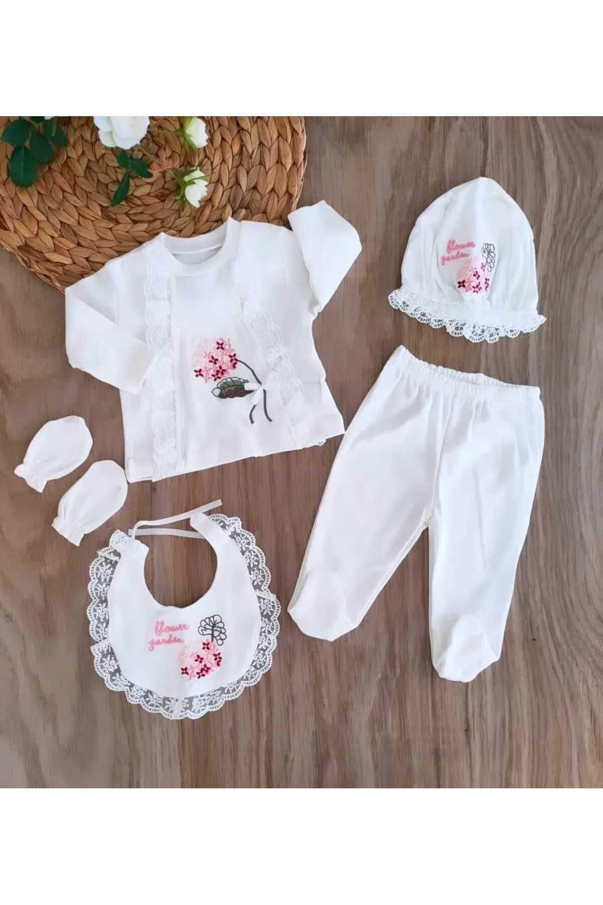 bebe kervanı Kız Bebek % 100 Pamuklu Ortanca Çiçekli 5'li Zıbın Takımı Hastane Çıkışı BBK0001