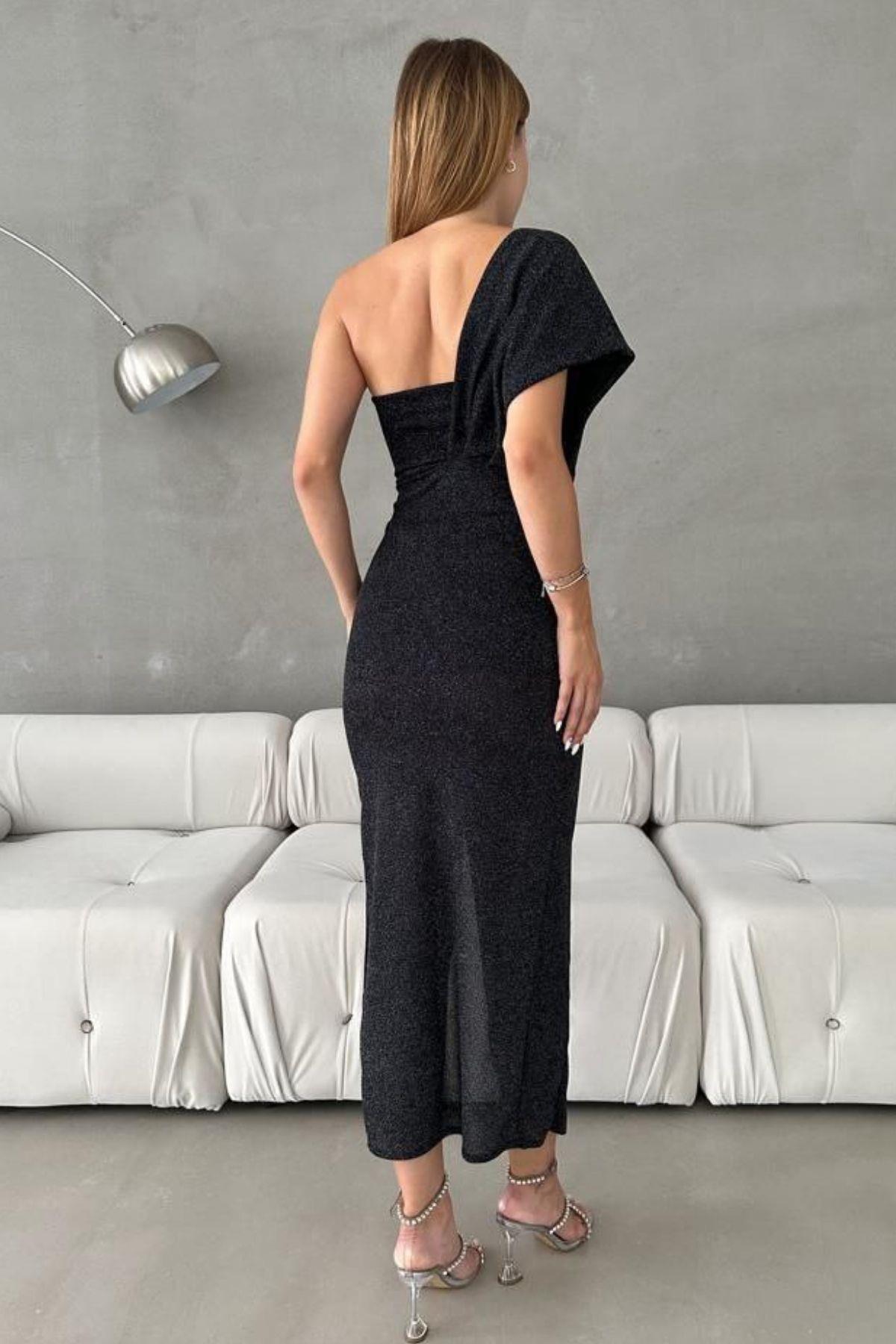 Modafeminen-One Shoulder Detailed Slit Fukuro Fabric Dress 582558 5