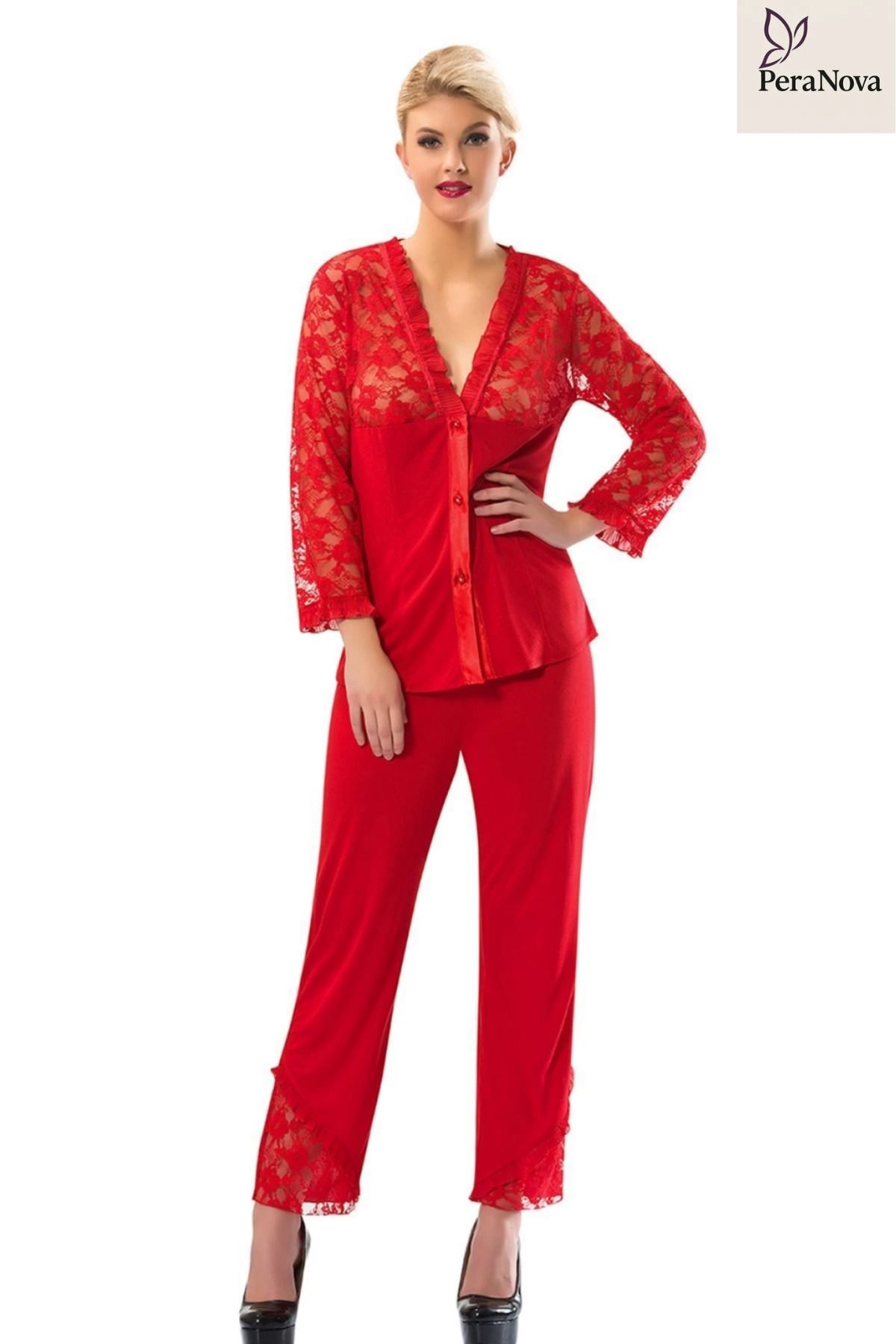 PeraNova Premium Rahat Çeyizlik Kadın Büyüleyici Şık Zarif Kırmızı Penye Pijama Takımı