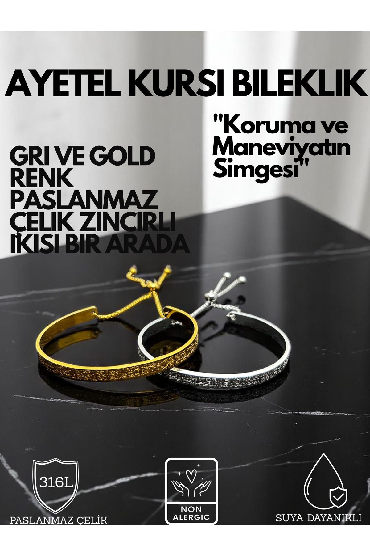 KT AKSESUAR Ayetel Kürsi Yazılı Zincirli Bileklik Paslanmaz Çelik Ayarlanabilir Unisex Bileklik Çift Bilekliği