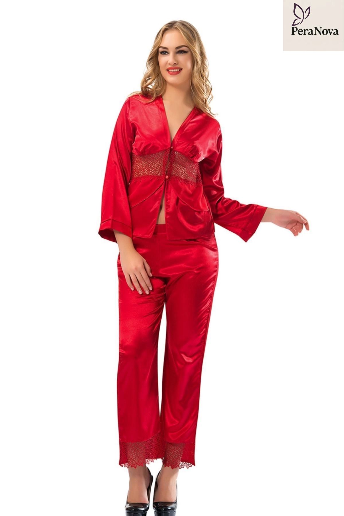 PeraNova Premium Rahat Çeyizlik Kadın Büyüleyici Şık Zarif Kırmızı Saten Pijama Takımı