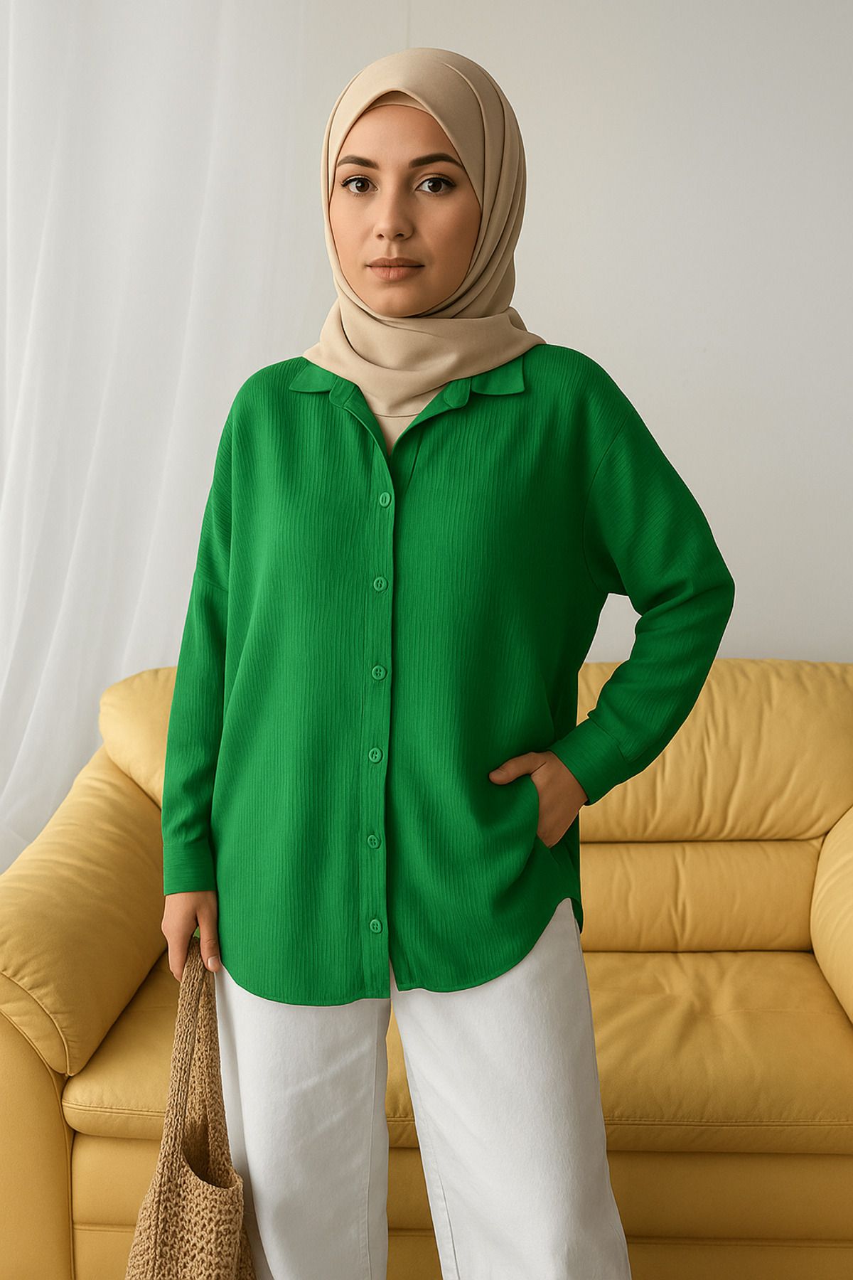 Paw Garage Kadın Olivia Oversize Pamuklu Bürümcük Kumaş Yazlık Tesettür Gömlek