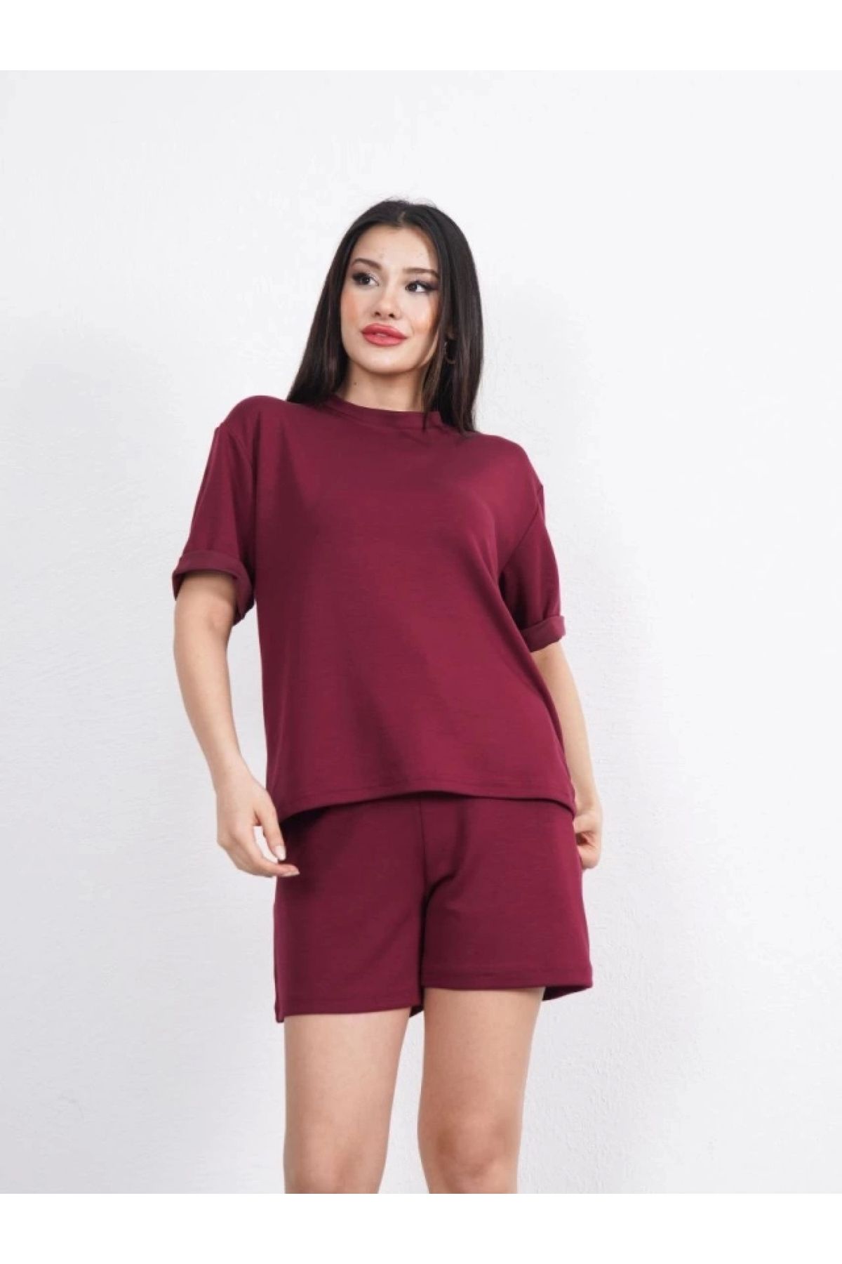 POLEXP Yumuşak Dokulu Bisiklet Yaka T-shirt ve Şort Takımı - Bordo