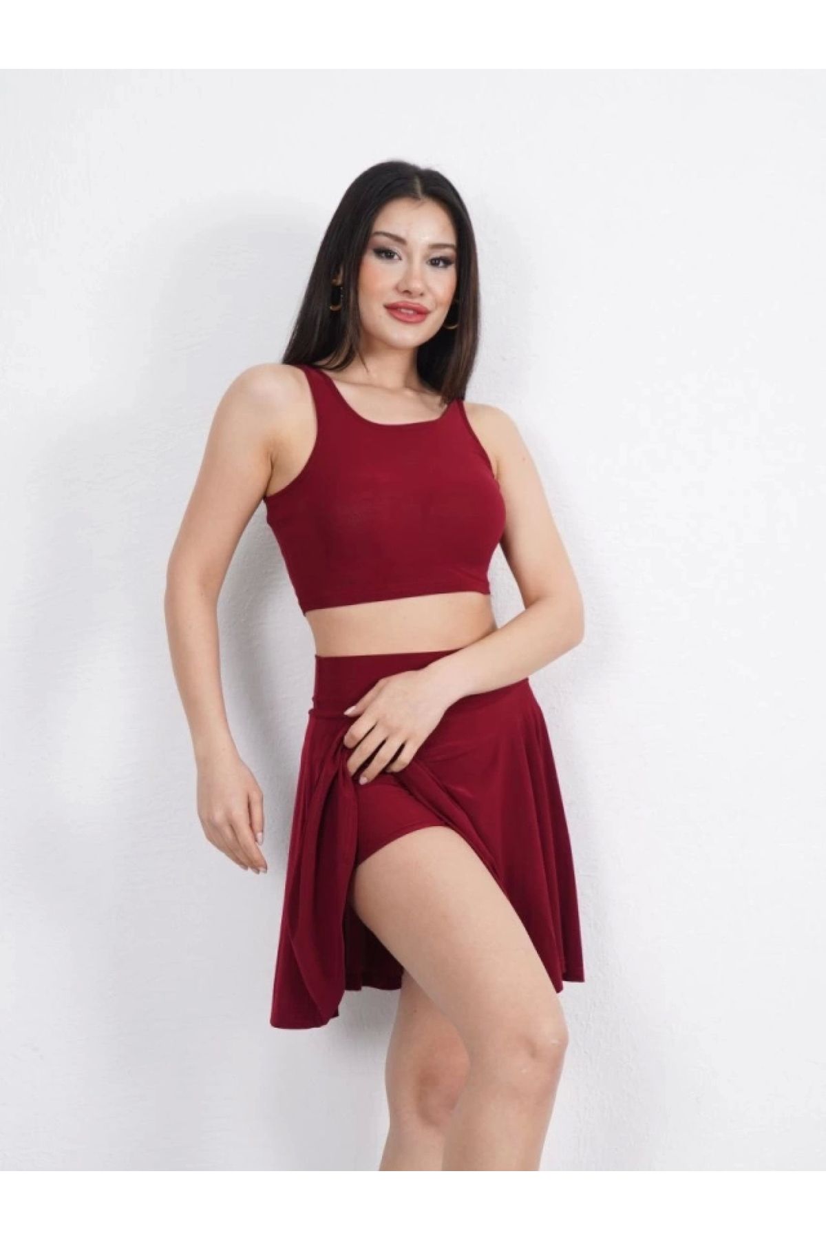 POLEXP Bordo Crop Şortlu Etek Ikili Takım
