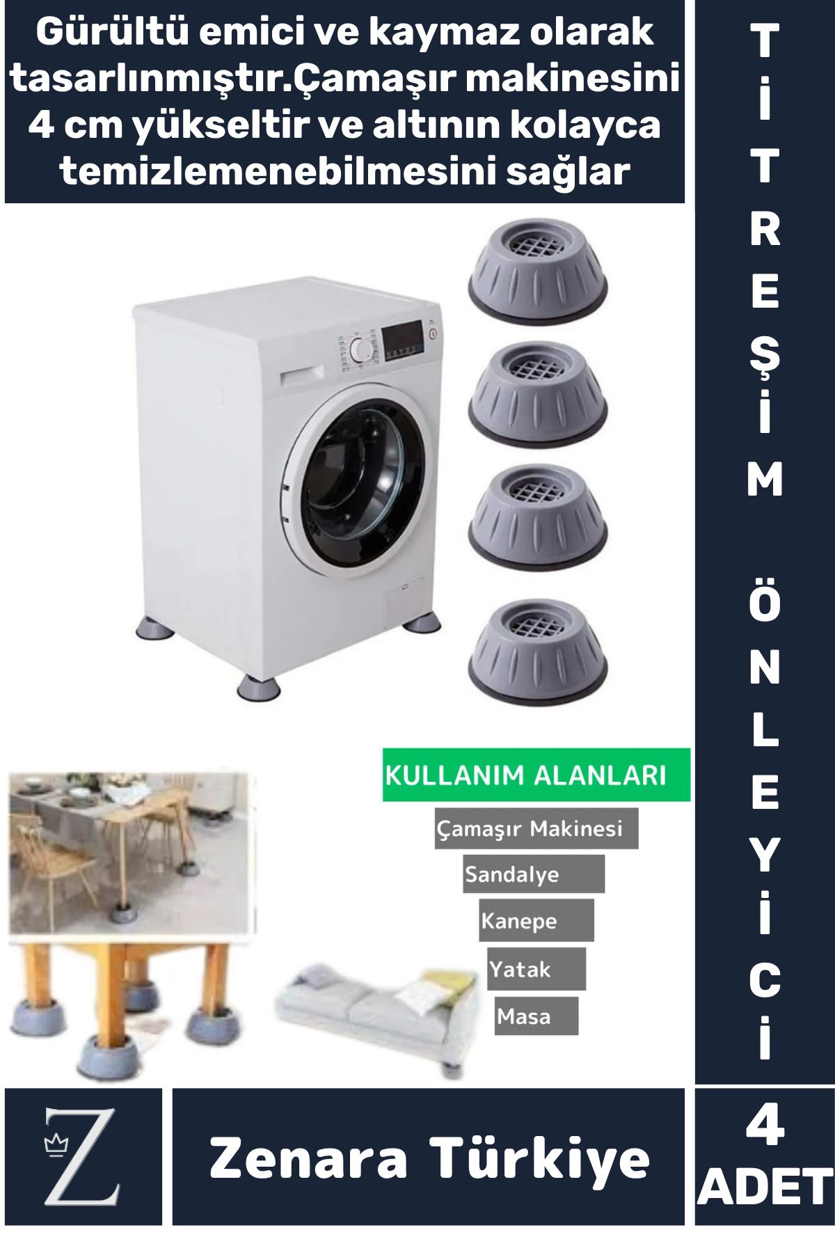 Zenara Çamaşır Makinesi Sandalye Kanepe Yatak Mobilya Titreşim Önleyici Sabitleyici Kaydırmaz Ayak 4 Adet