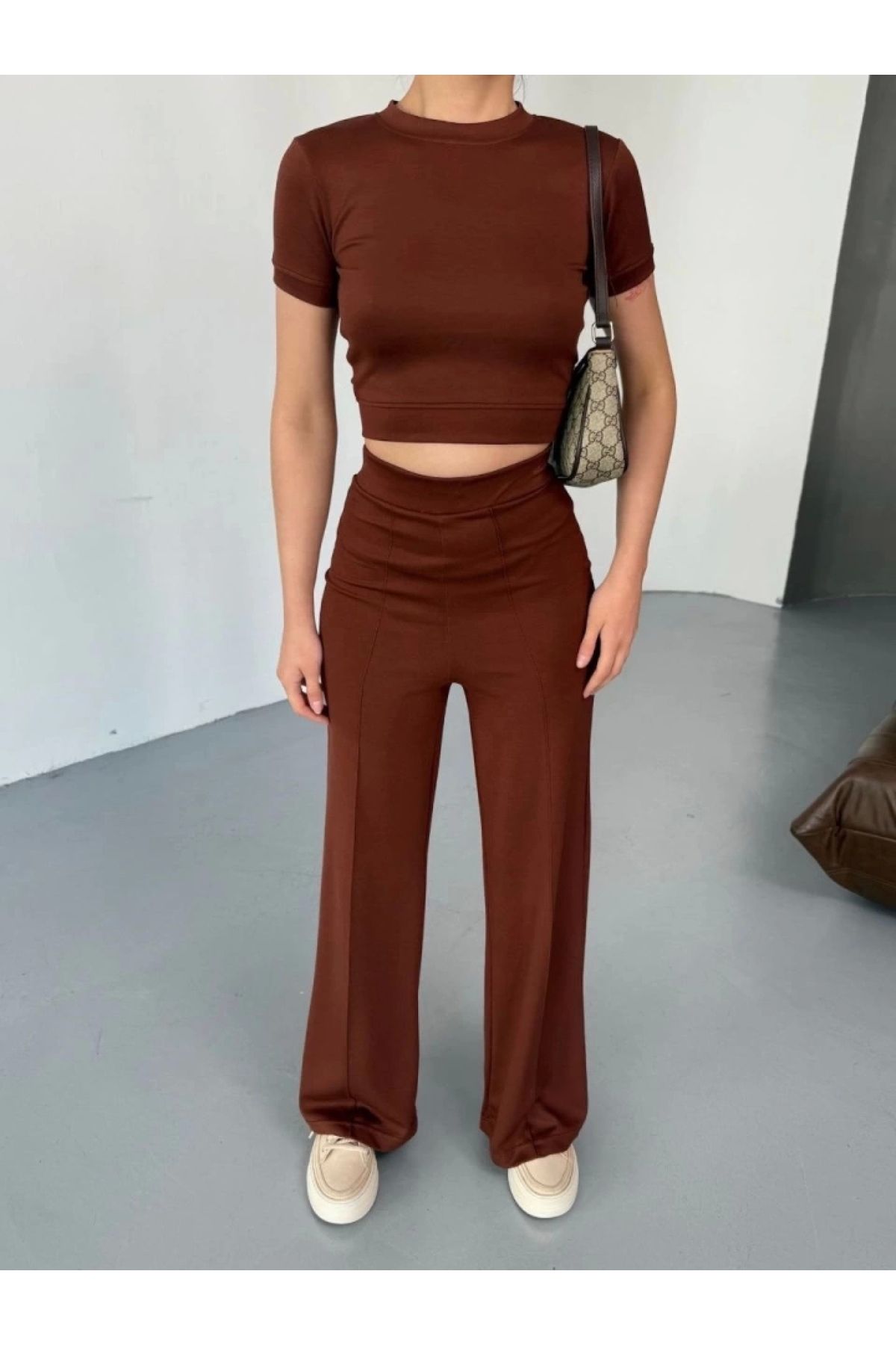 POLEXP Modal Kumaşlı Rahat Crop Pantolon Takımı - Kahverengi