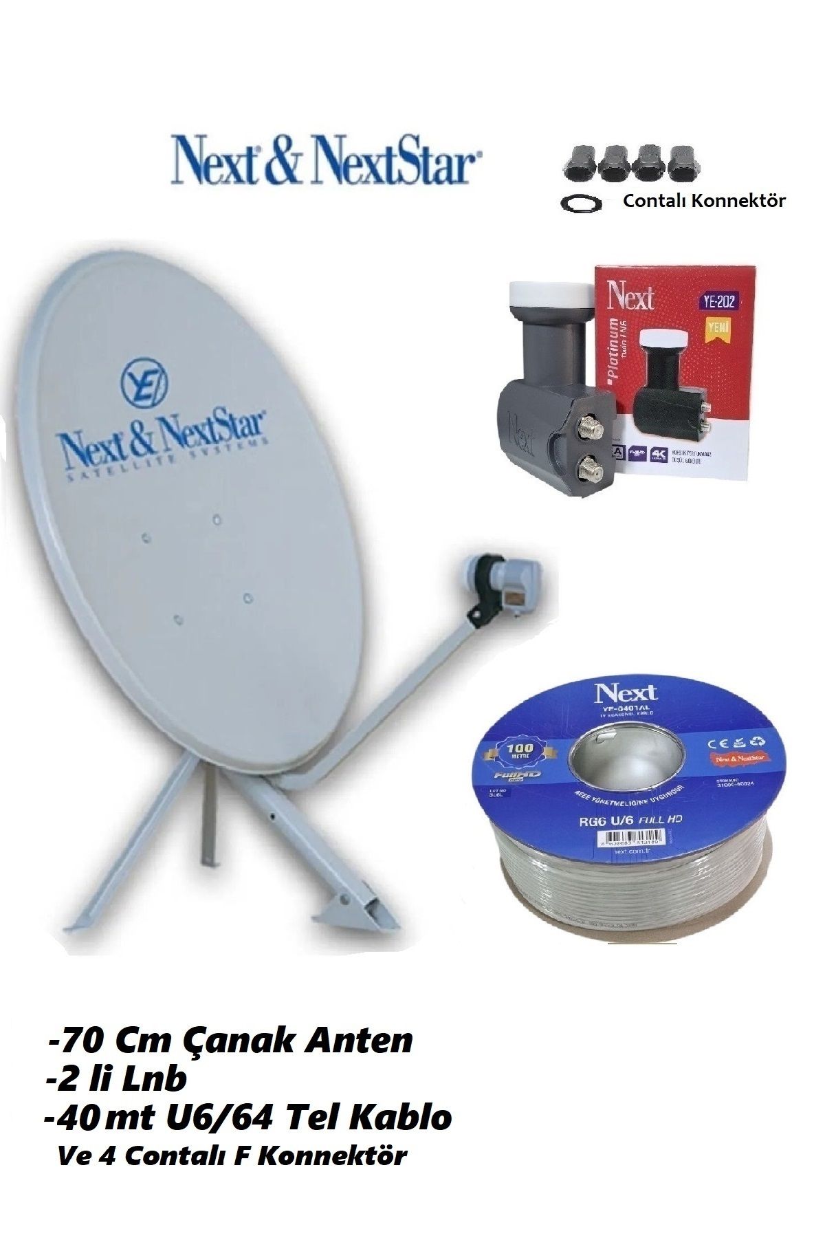 Vwin 70 Cm Çanak + 40 Mt Anten Kablosu 3D 4K + 2'li Lnb YE 202 + 4 Contalı Konnektör (NEXT)
