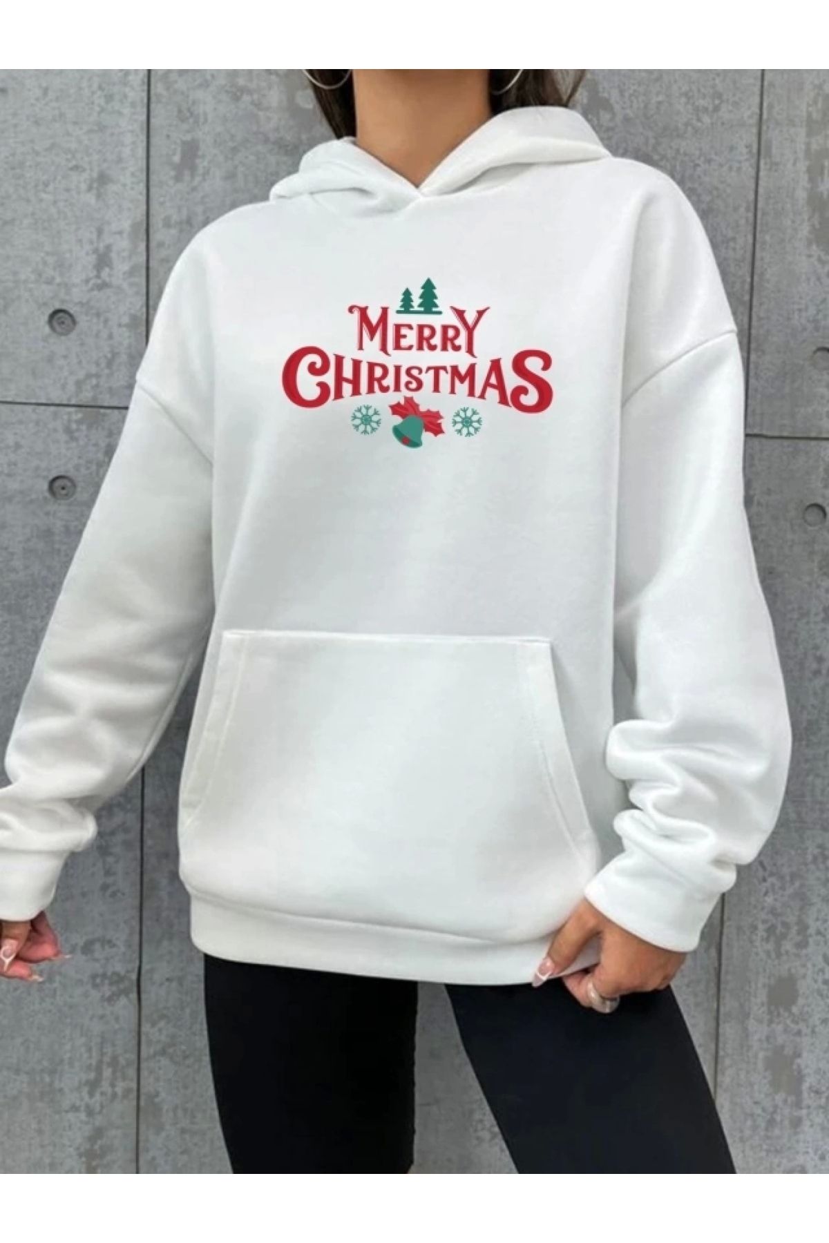 POLEXP Beyaz Merry Christmas Kapüşonlu Sweatshirt – Sıcak ve Rahat Yılbaşı Teması