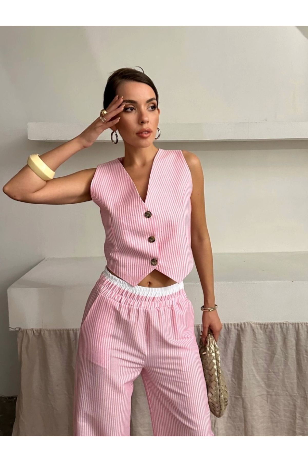 POLEXP Pembe Çizgili Yelek Pantolon Takımı